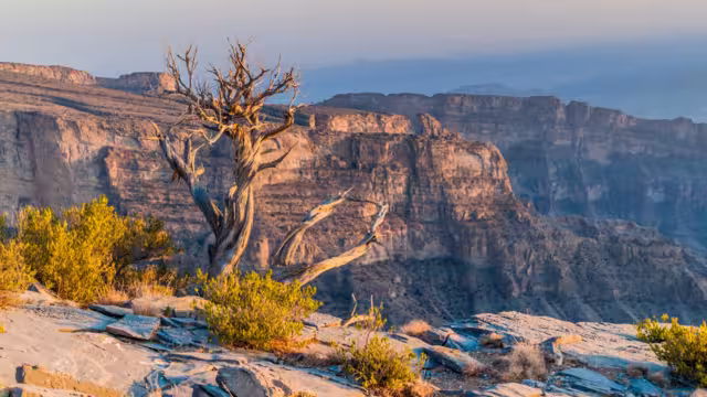 Wadi Ghul canyon in Hajar Mountains, Oman
