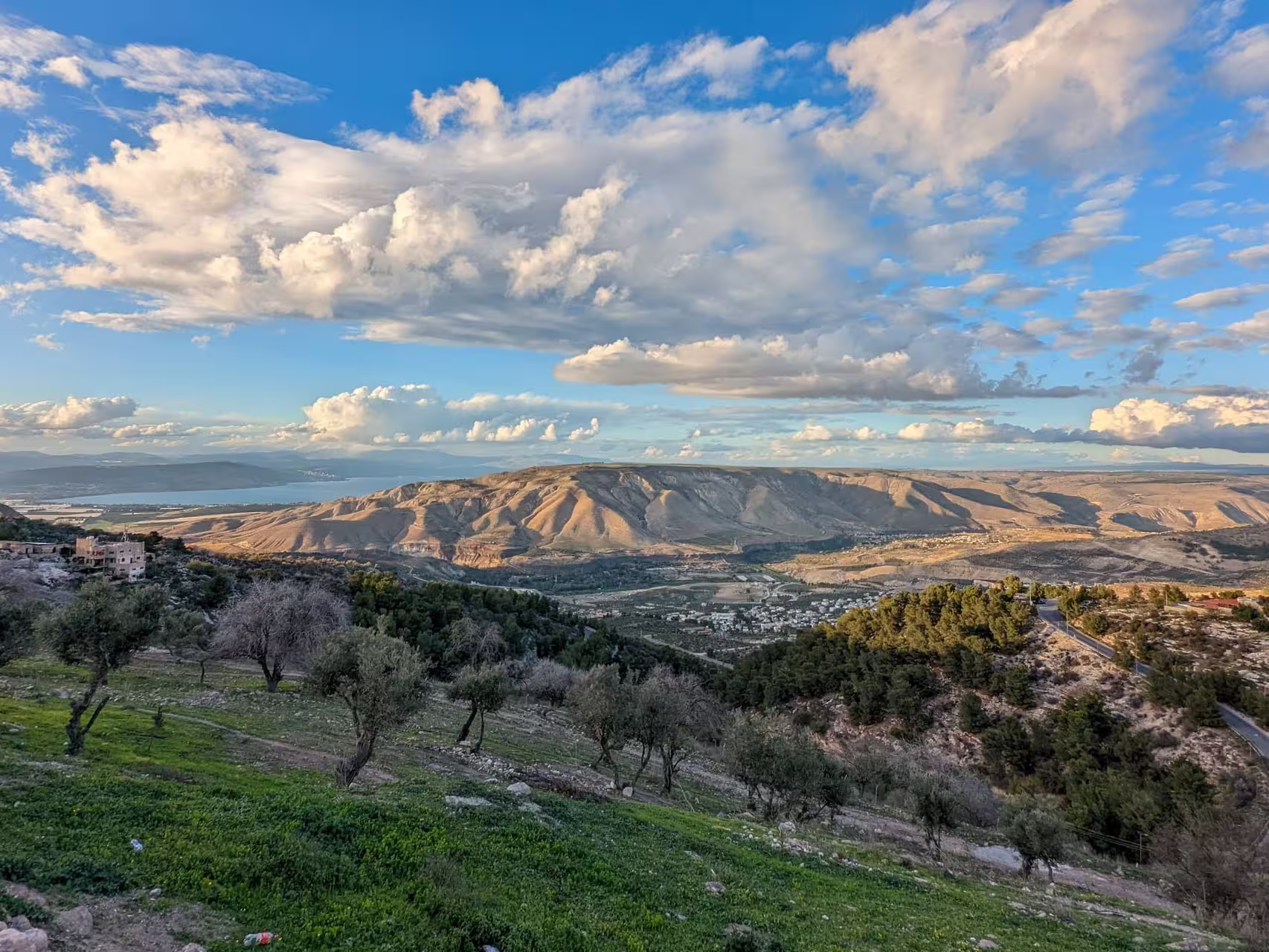 View from Umm Qais roman ruins over the Jordan countryside out to the Sea of Galilee