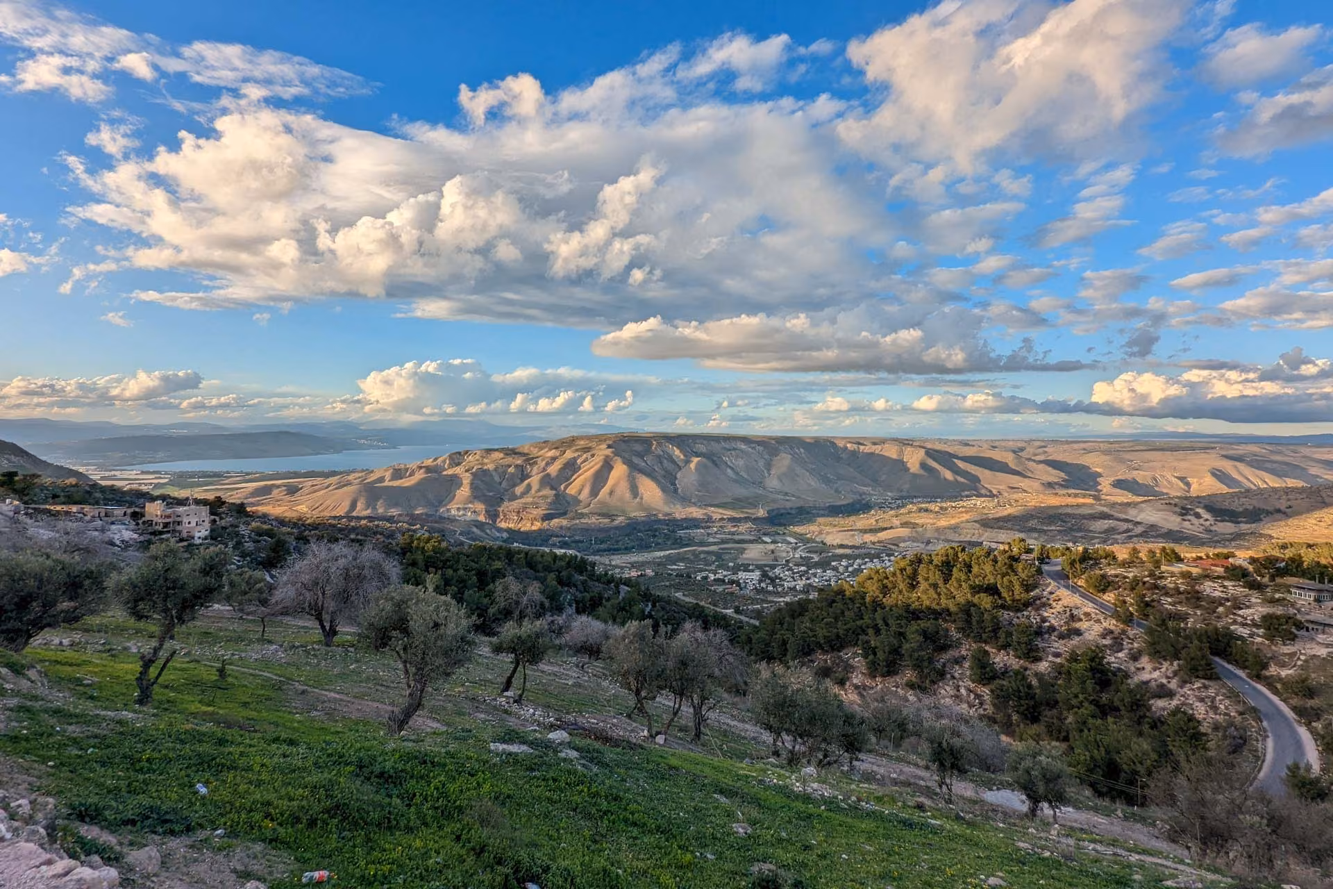 View from Umm Qais roman ruins over the Jordan countryside out to the Sea of Galilee