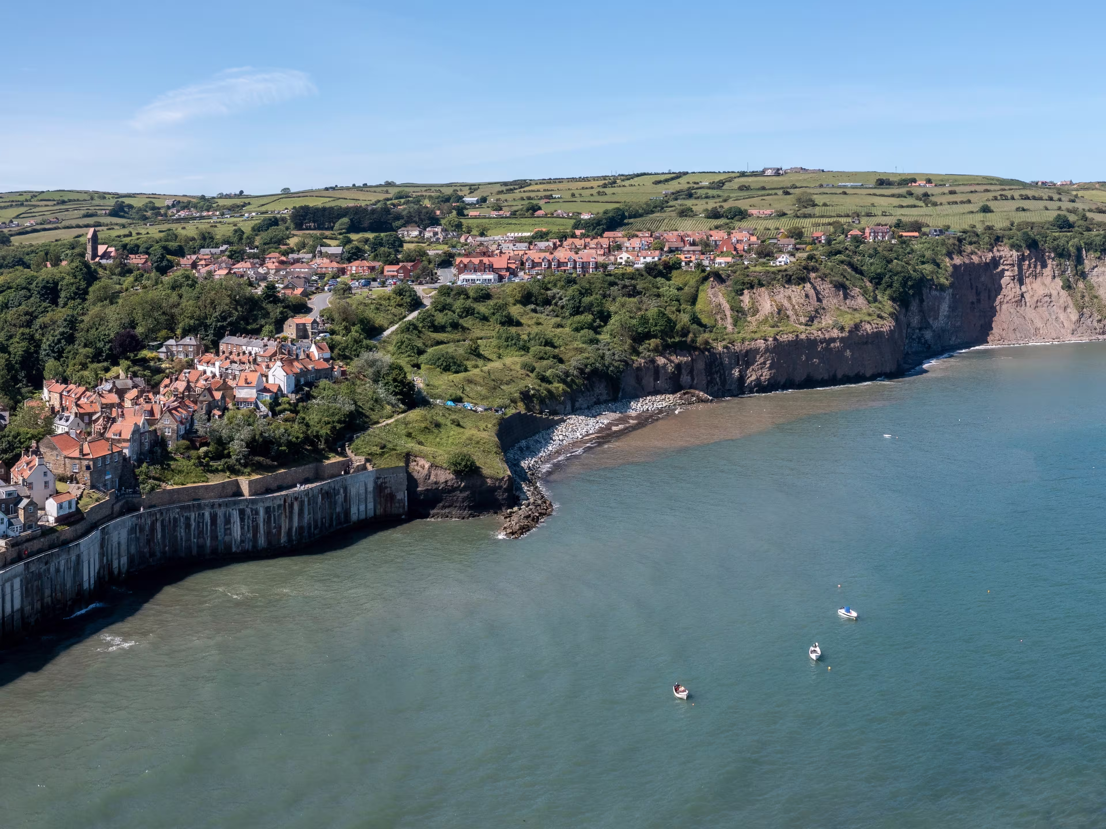 robin hoods bay near whitby north yorkshire sunny summer day elevated panoramic view high tide