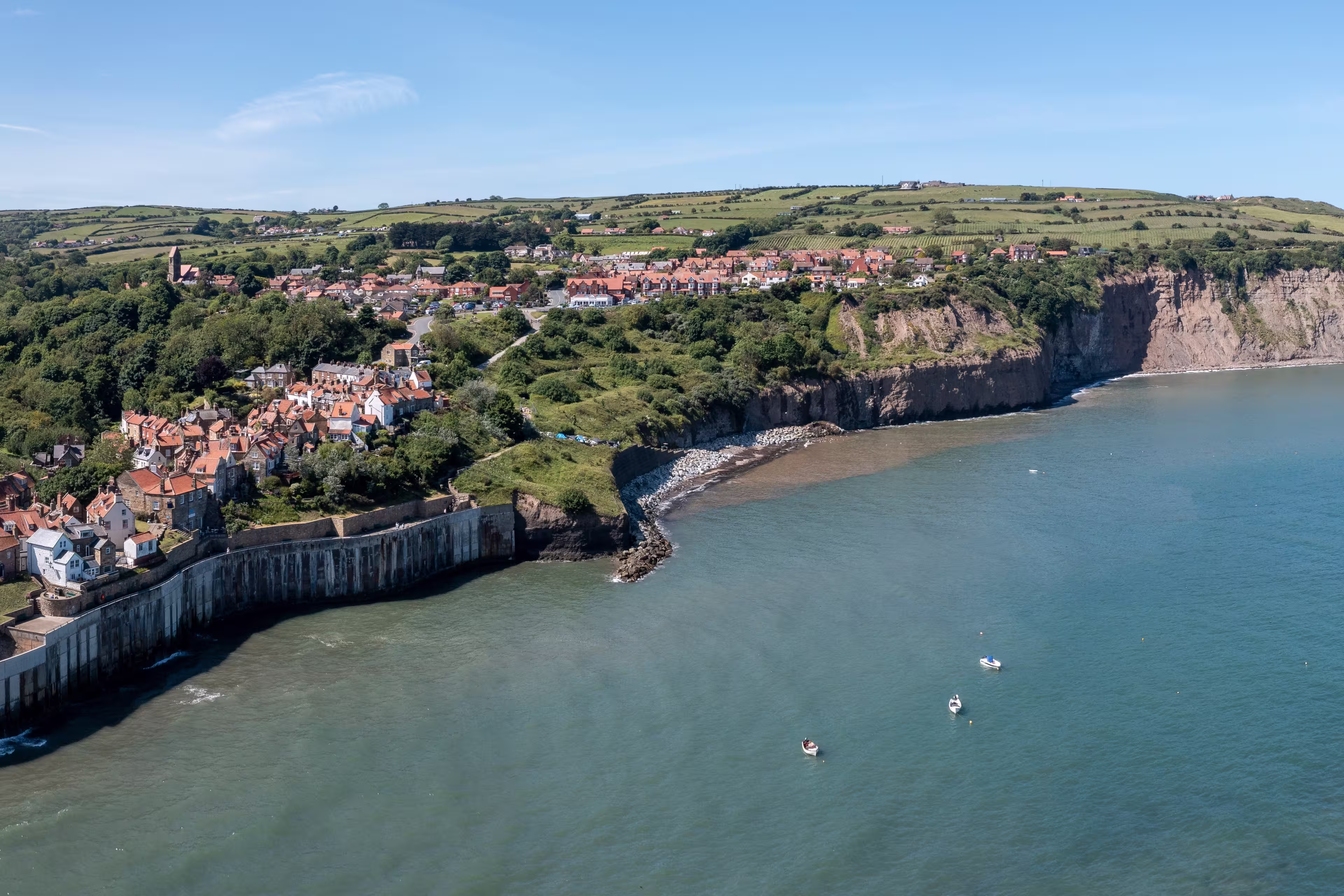 robin hoods bay near whitby north yorkshire sunny summer day elevated panoramic view high tide