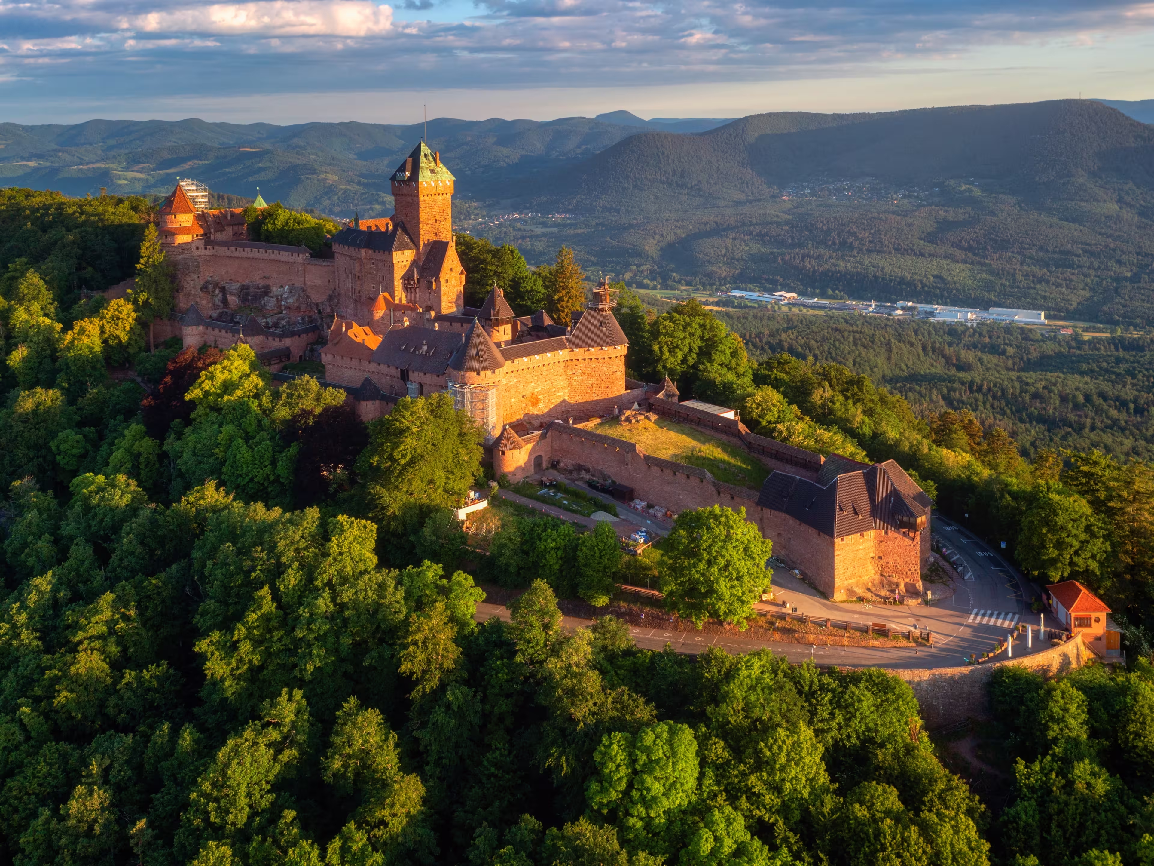 Medieval Chateau du Haut-Koenigsbourg castle in Vosges mountains by Selestat is one of the main historical landmarks in Alsace, France