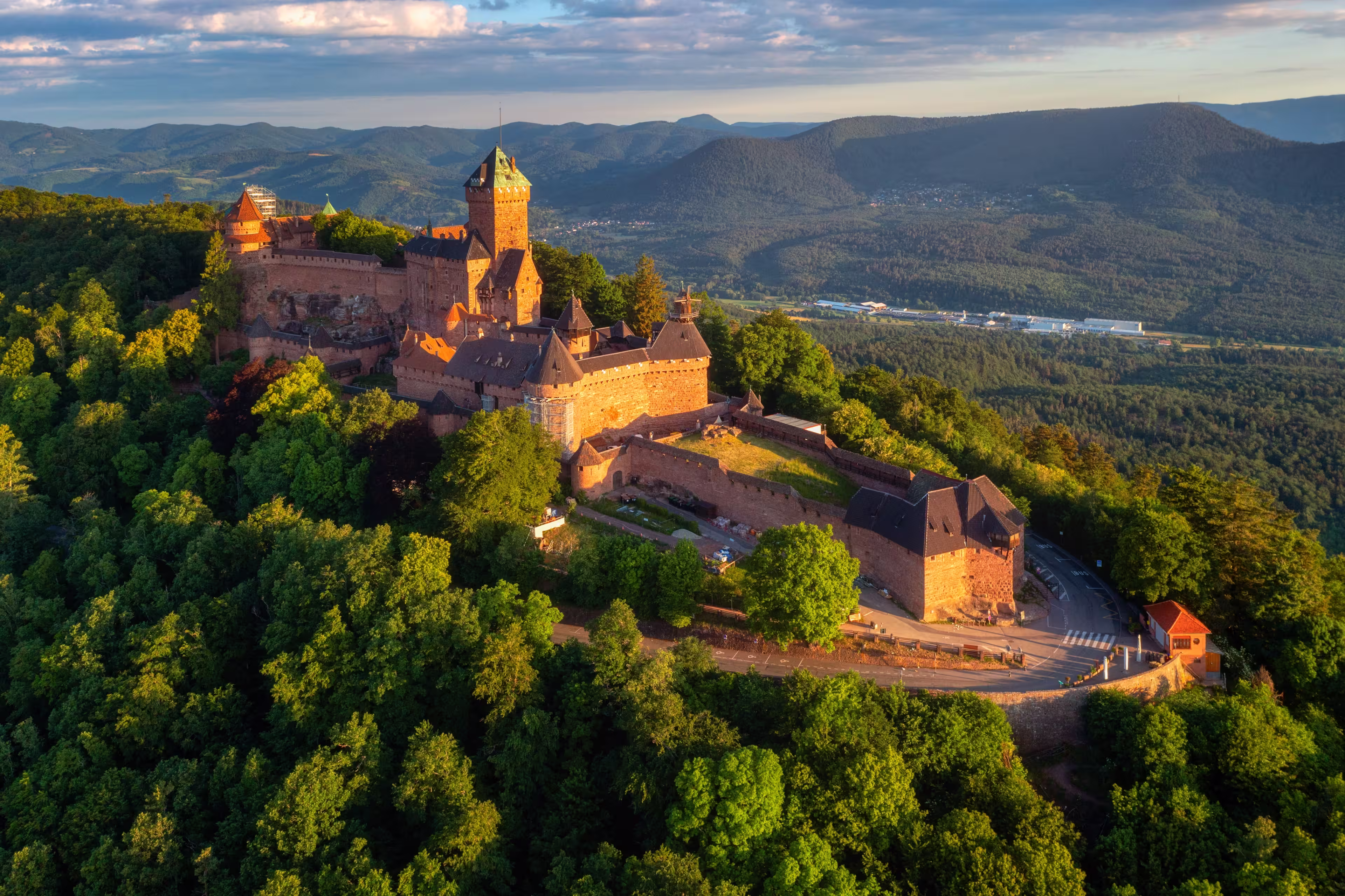 Medieval Chateau du Haut-Koenigsbourg castle in Vosges mountains by Selestat is one of the main historical landmarks in Alsace, France