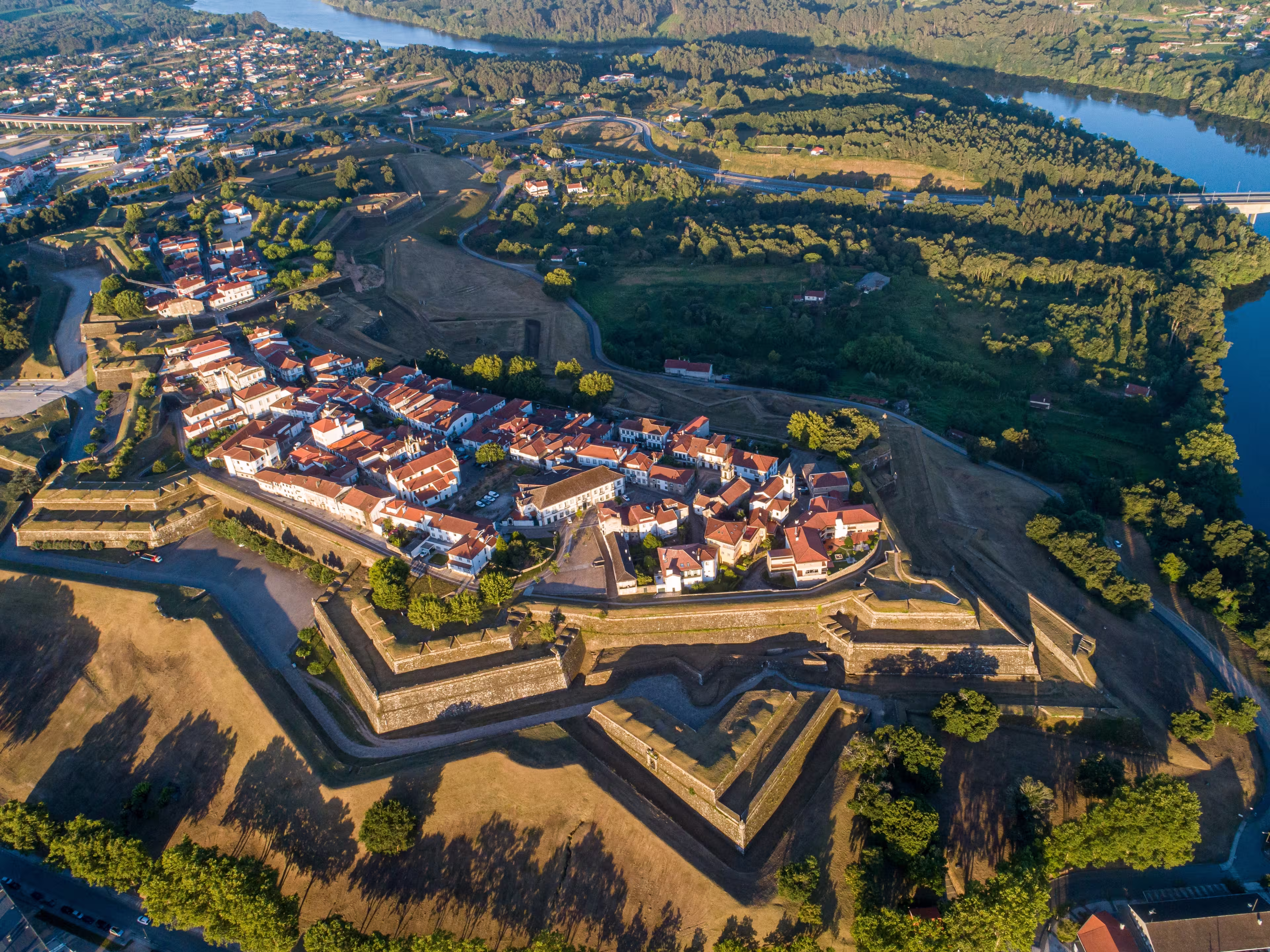 aerial view at sunrise of the fortified city of Valença do Minho, Portugal