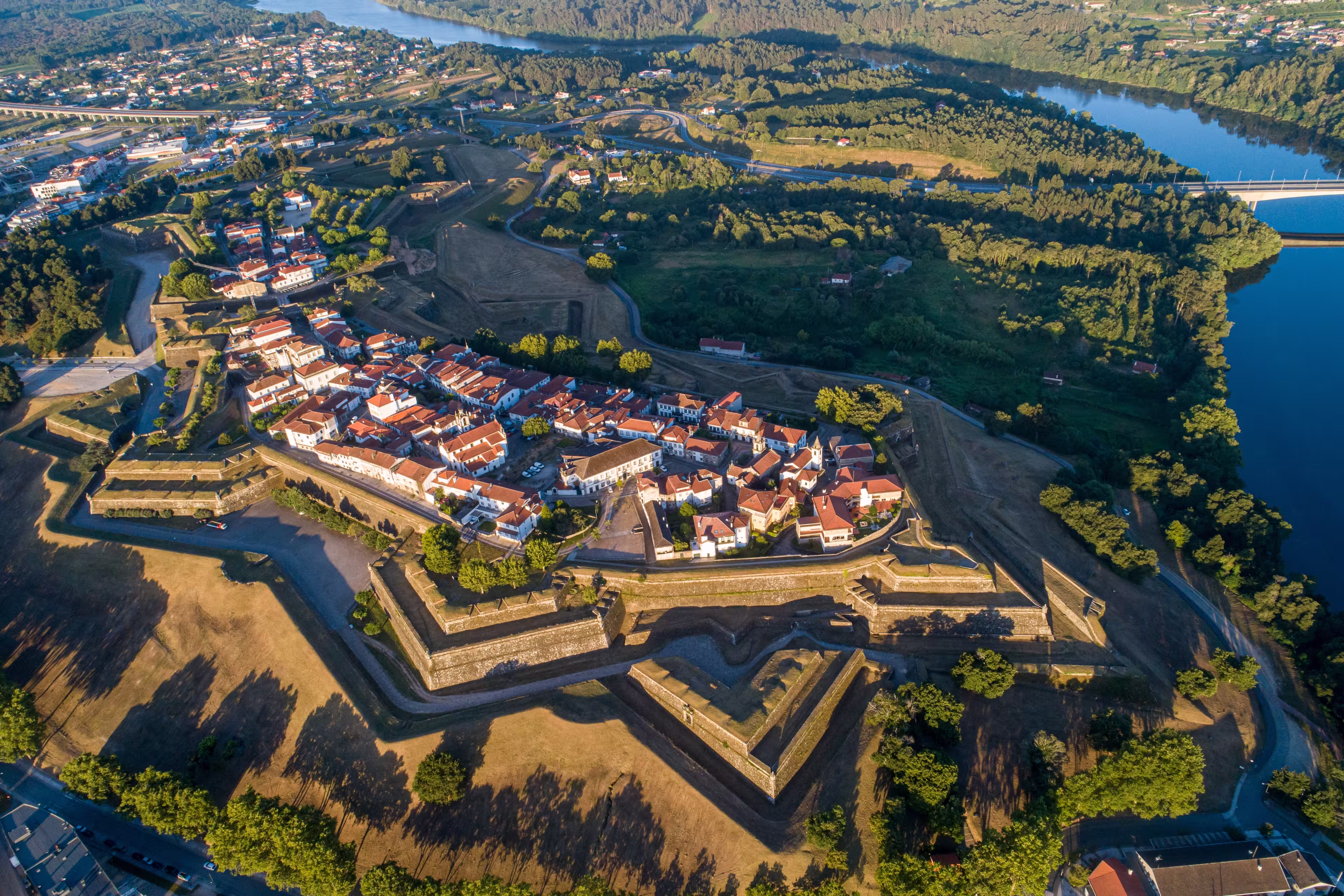 aerial view at sunrise of the fortified city of Valença do Minho, Portugal