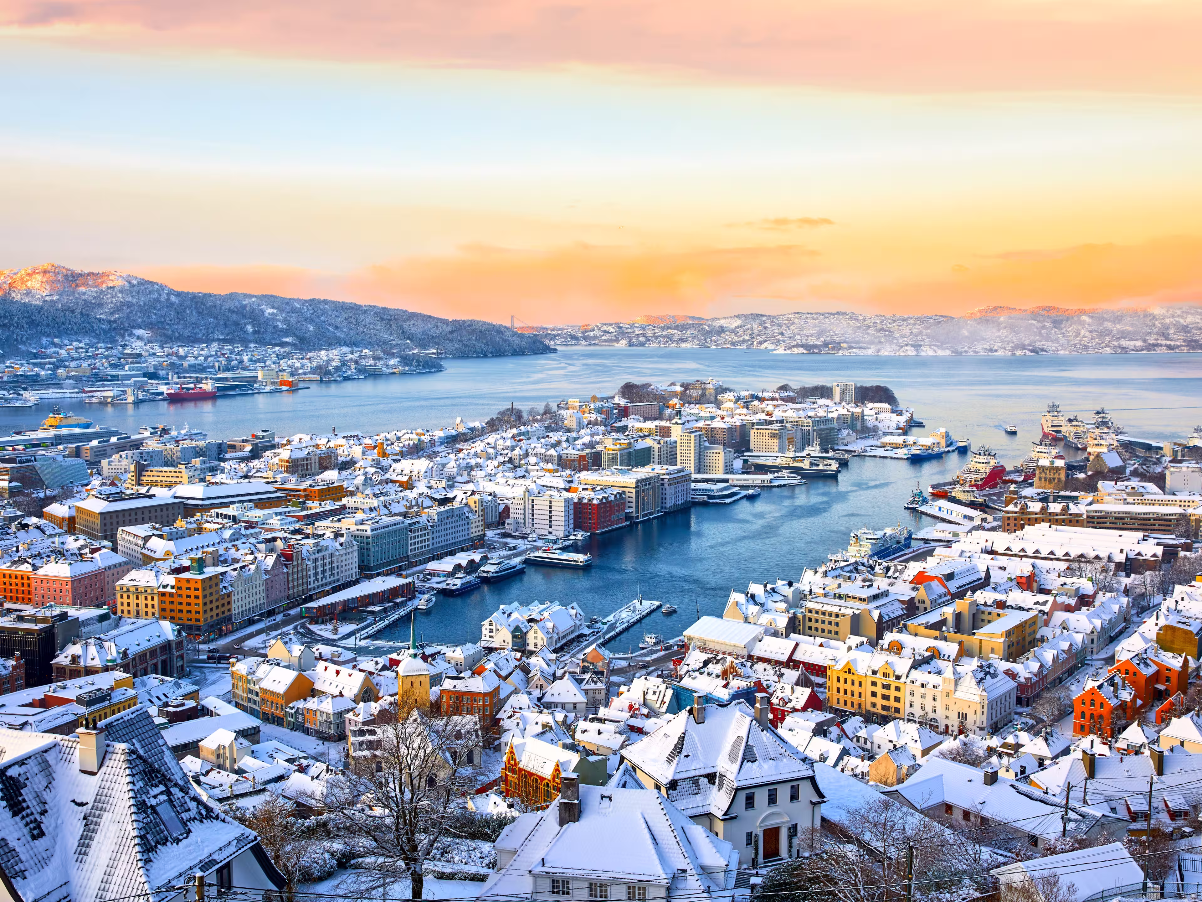 Amazing view of Bergen harbor in winter at sunrise, Norway