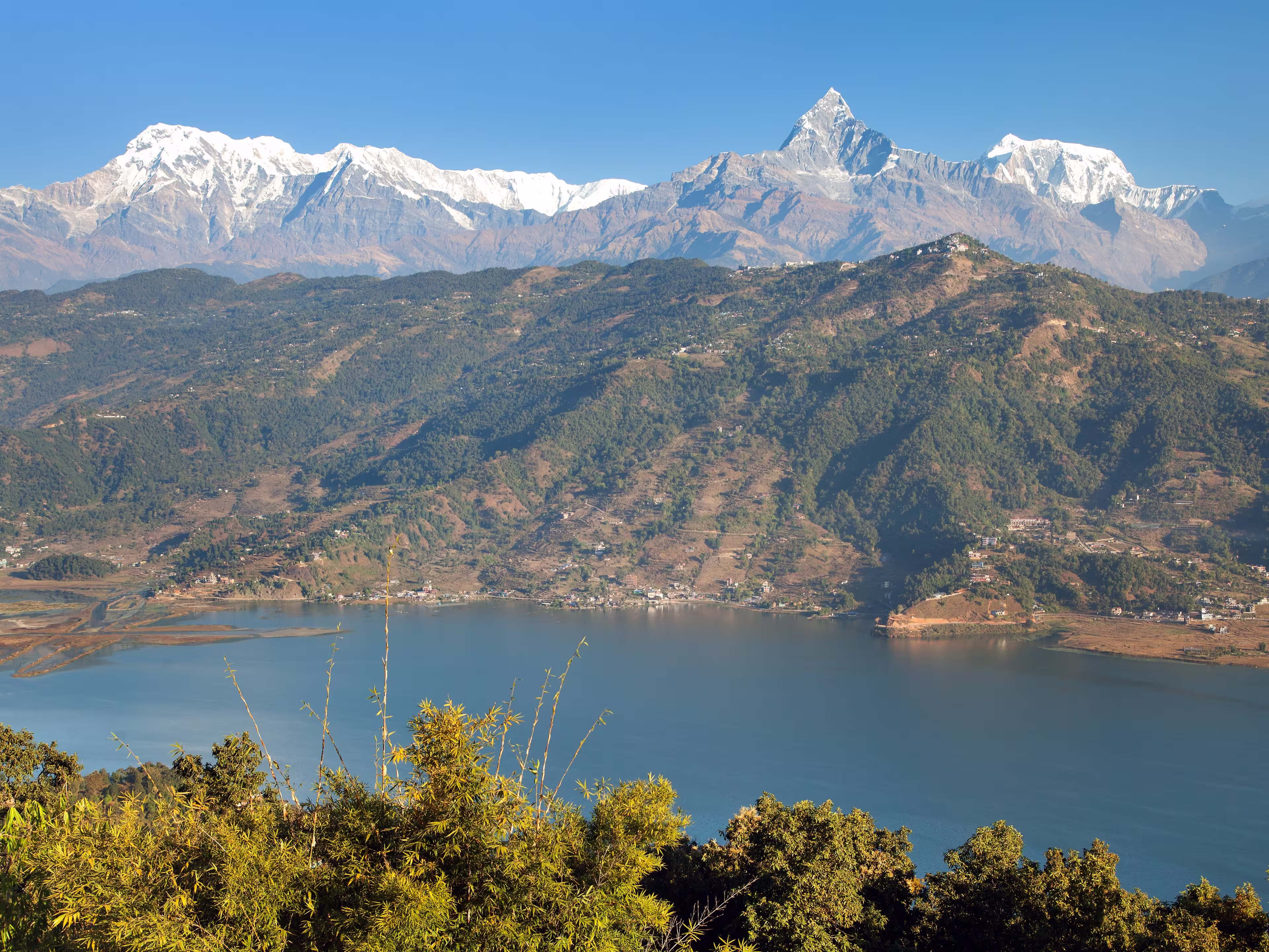 Panoramic view of mount Annapurna, himalayan range, Pokhara and Phewa lake, Pokhara valley, Nepal Himalayas mountains