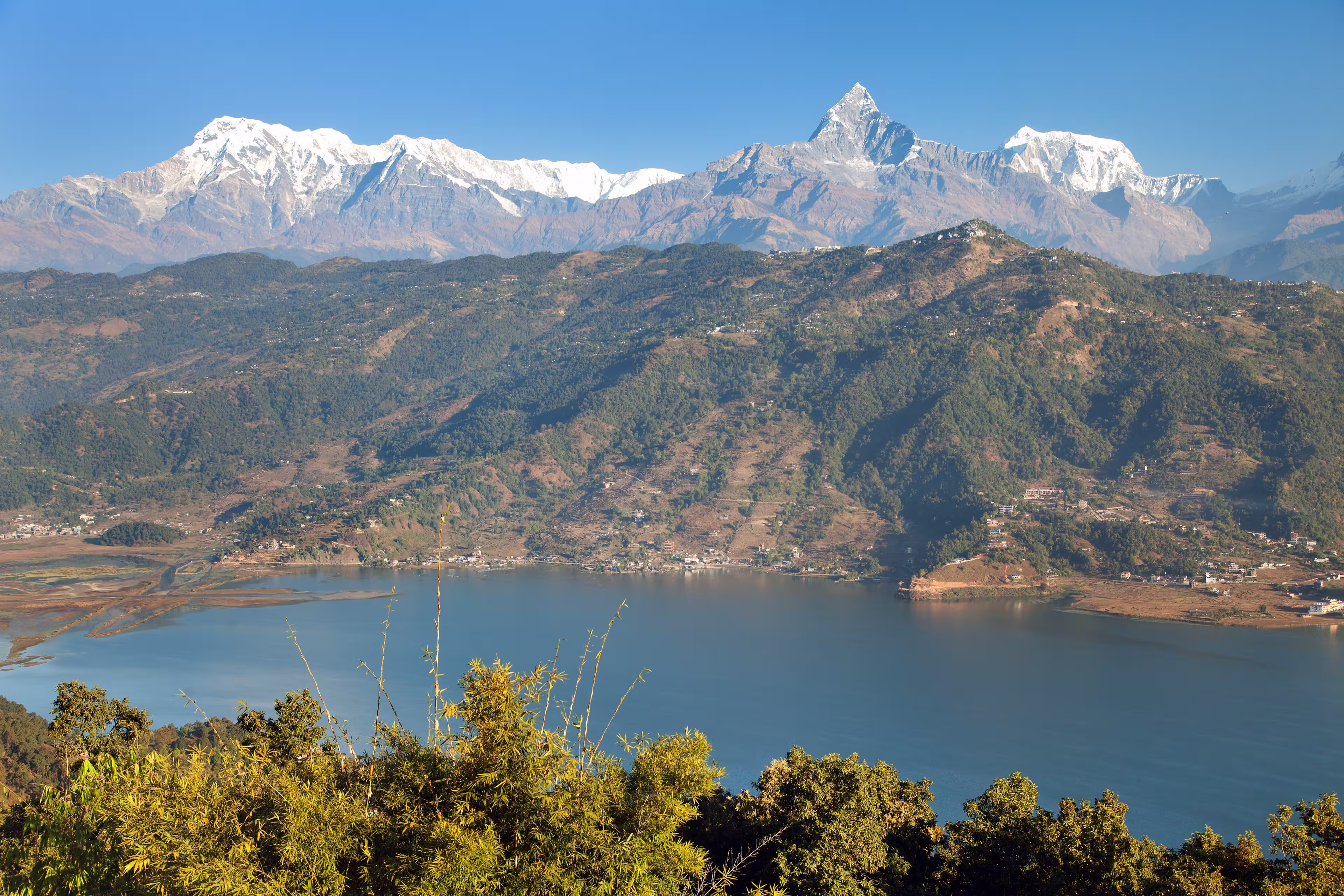Panoramic view of mount Annapurna,  himalayan range, Pokhara and Phewa lake, Pokhara valley, Nepal Himalayas mountains