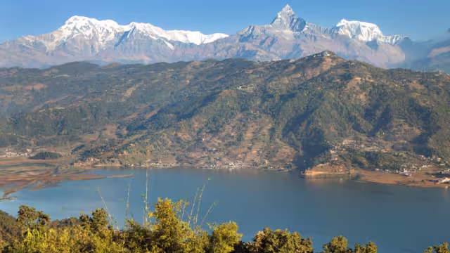 Panoramic view of mount Annapurna, himalayan range, Pokhara and Phewa lake, Pokhara valley, Nepal Himalayas mountains
