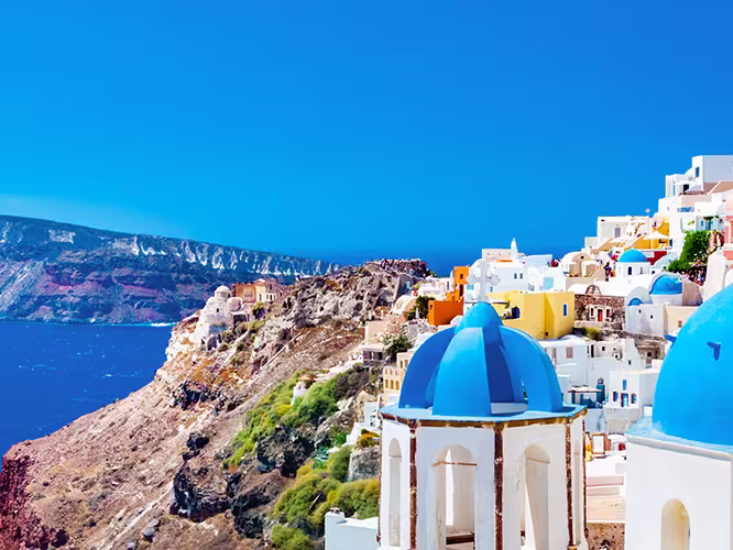 Blue sky and blue water of Santorini in Greece