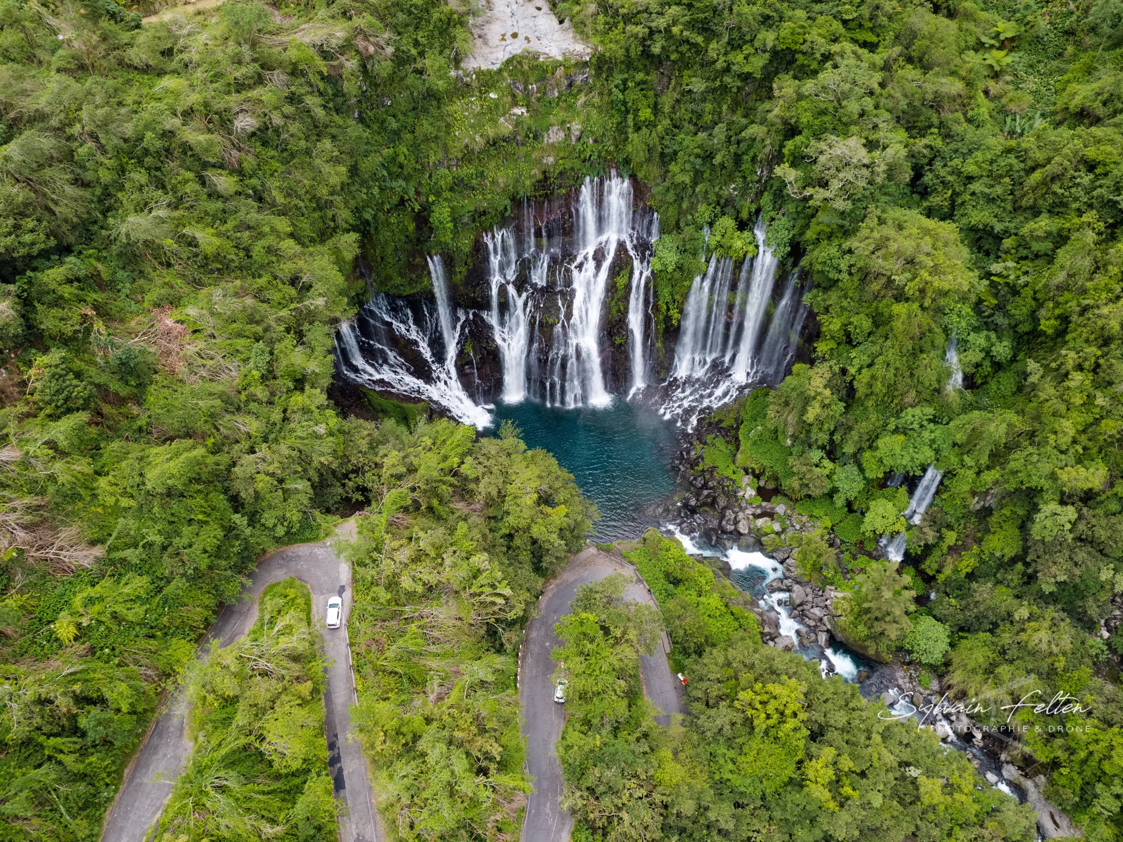 Aerial view on the Cascade Grand Galet and the Langevin basin of La Reunion island