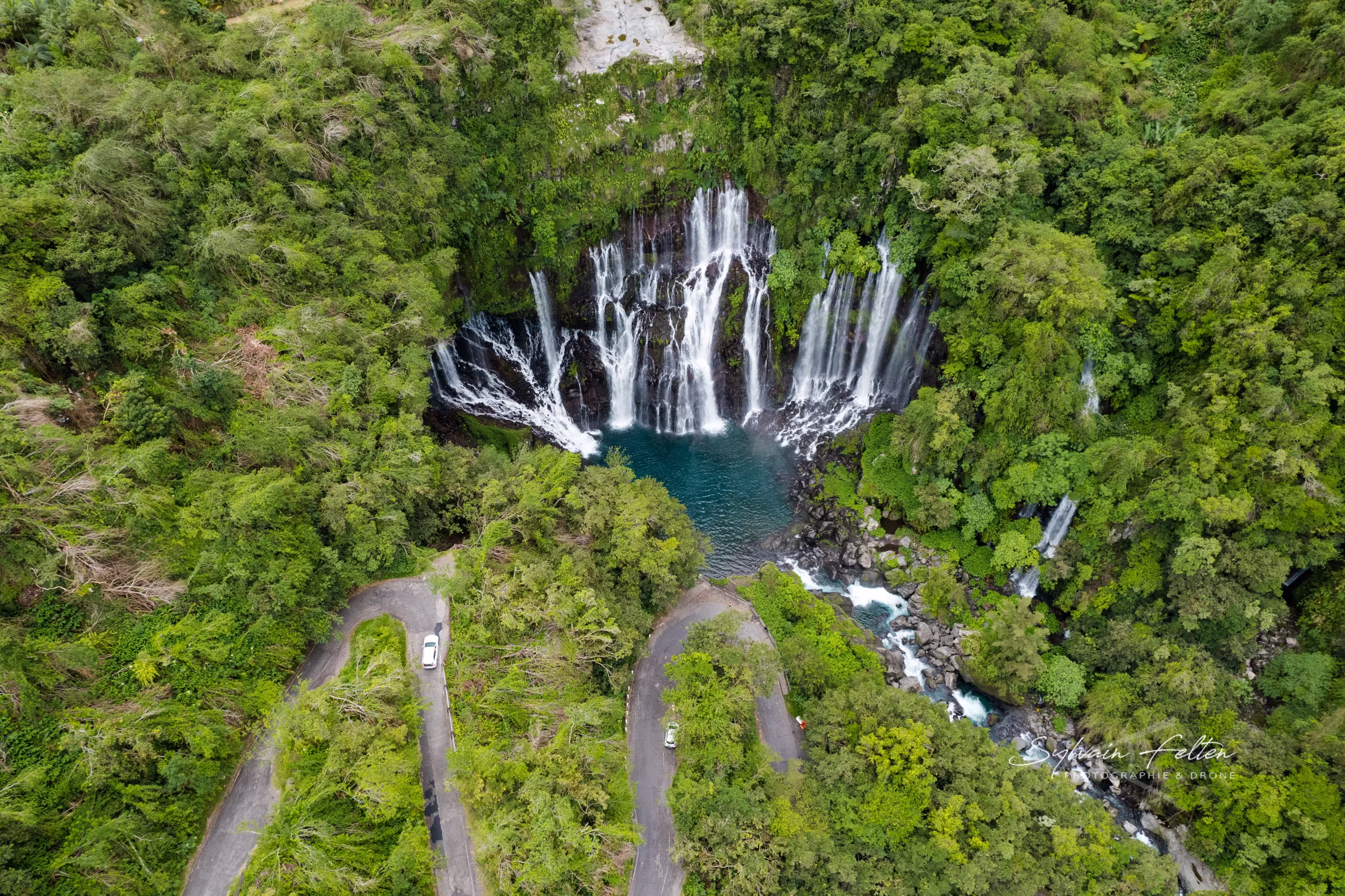 Aerial view on the Cascade Grand Galet and the Langevin basin of La Reunion island