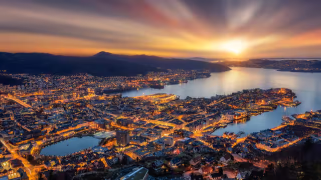 Panoramic view of Bergen from Floyen, Bergen, Norway at sunset.