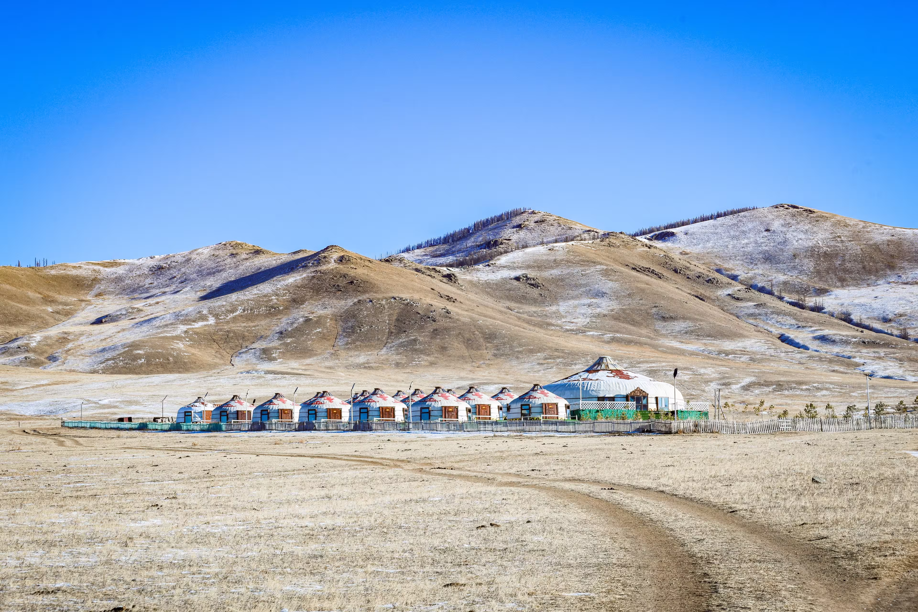 Mongolian Nature with Ger Camps, loneliness and cold countryside