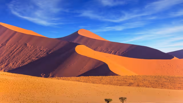 Sharp border of light and shadow over the crest of the dune. The Namib-Naukluft at sunset. Namibia, South Africa. The concept of extreme and exotic tourism