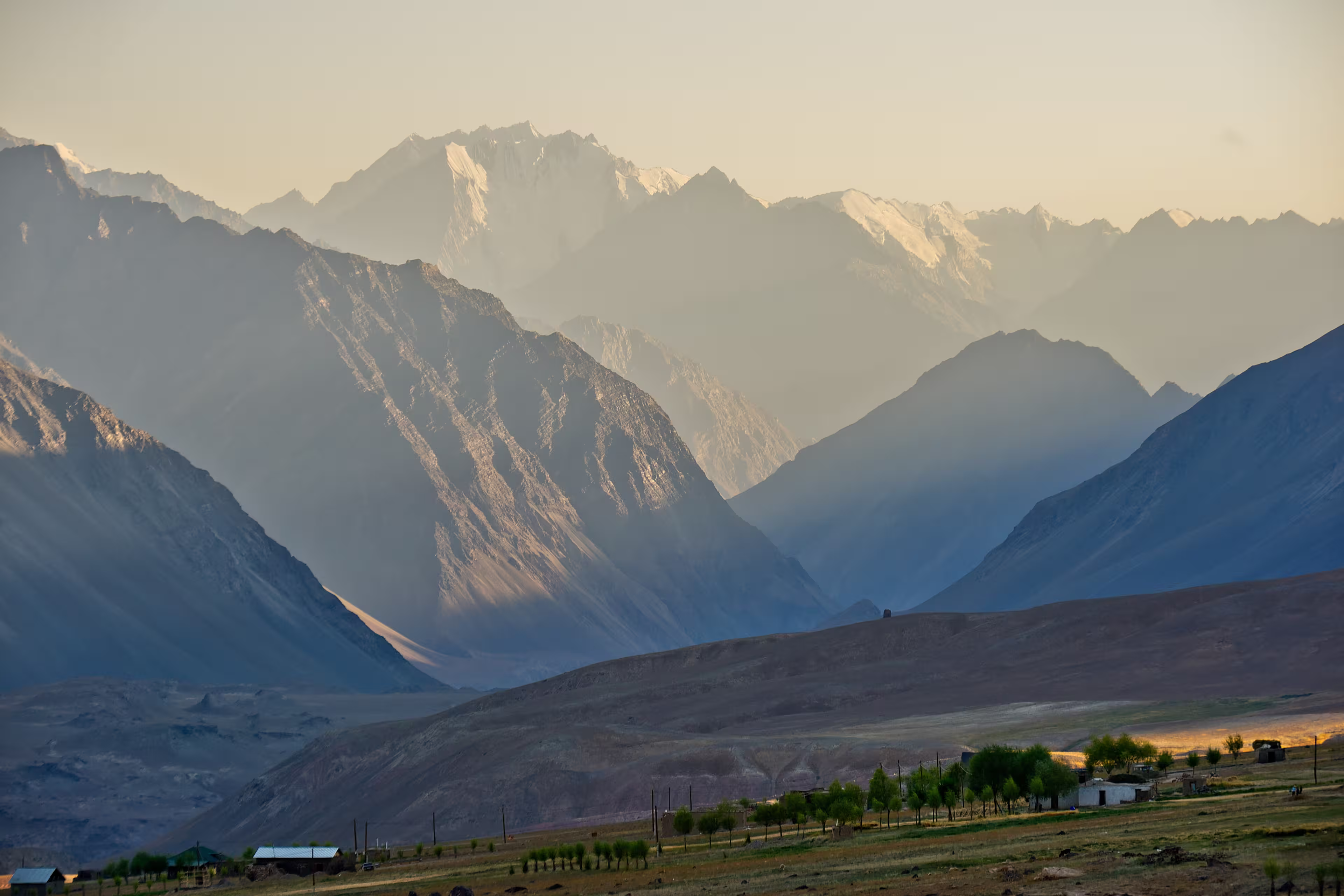 From the village of Roshorv, located above the Bartang Valley, you can look south toward the rugged mountains of the Rushan Range. Pamir, Tajikistan.
