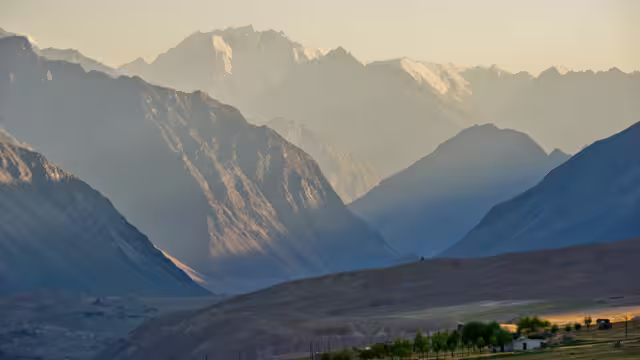 From the village of Roshorv, located above the Bartang Valley, you can look south toward the rugged mountains of the Rushan Range. Pamir, Tajikistan.
