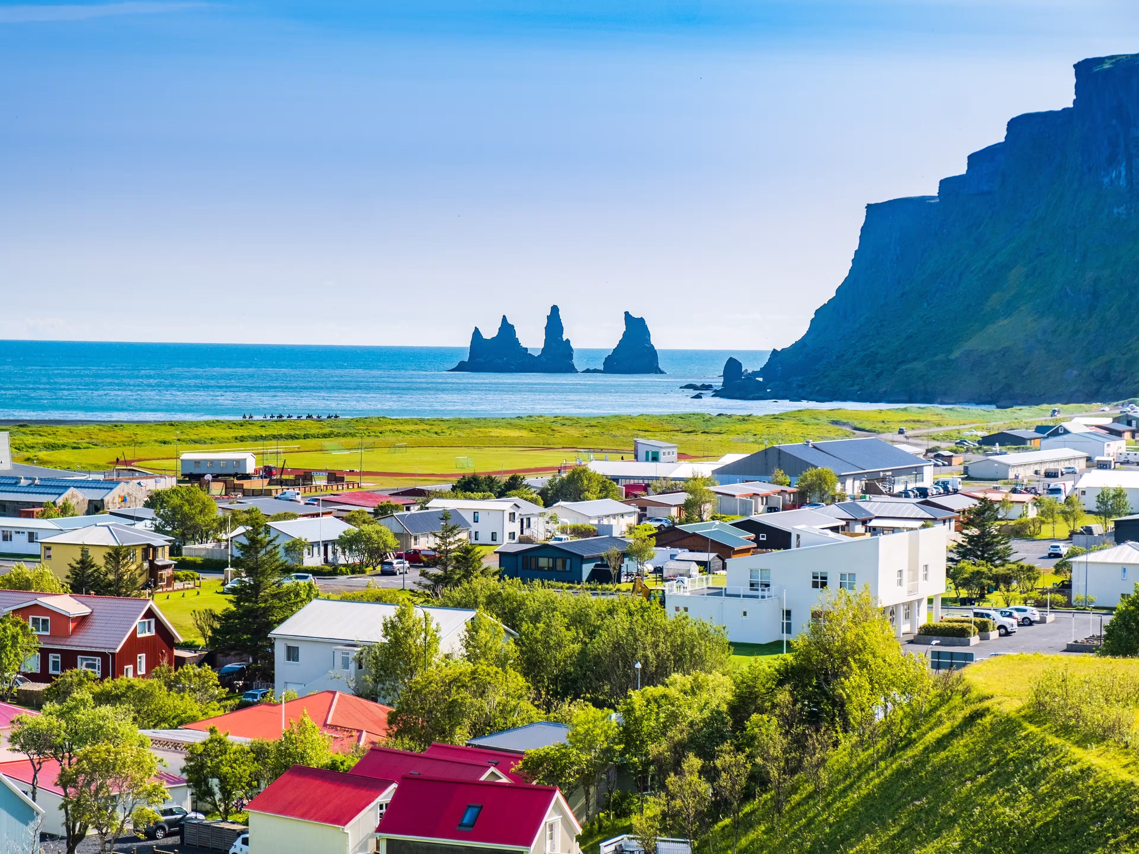Panoramic view of Vik town in Myrdal Valley, Iceland