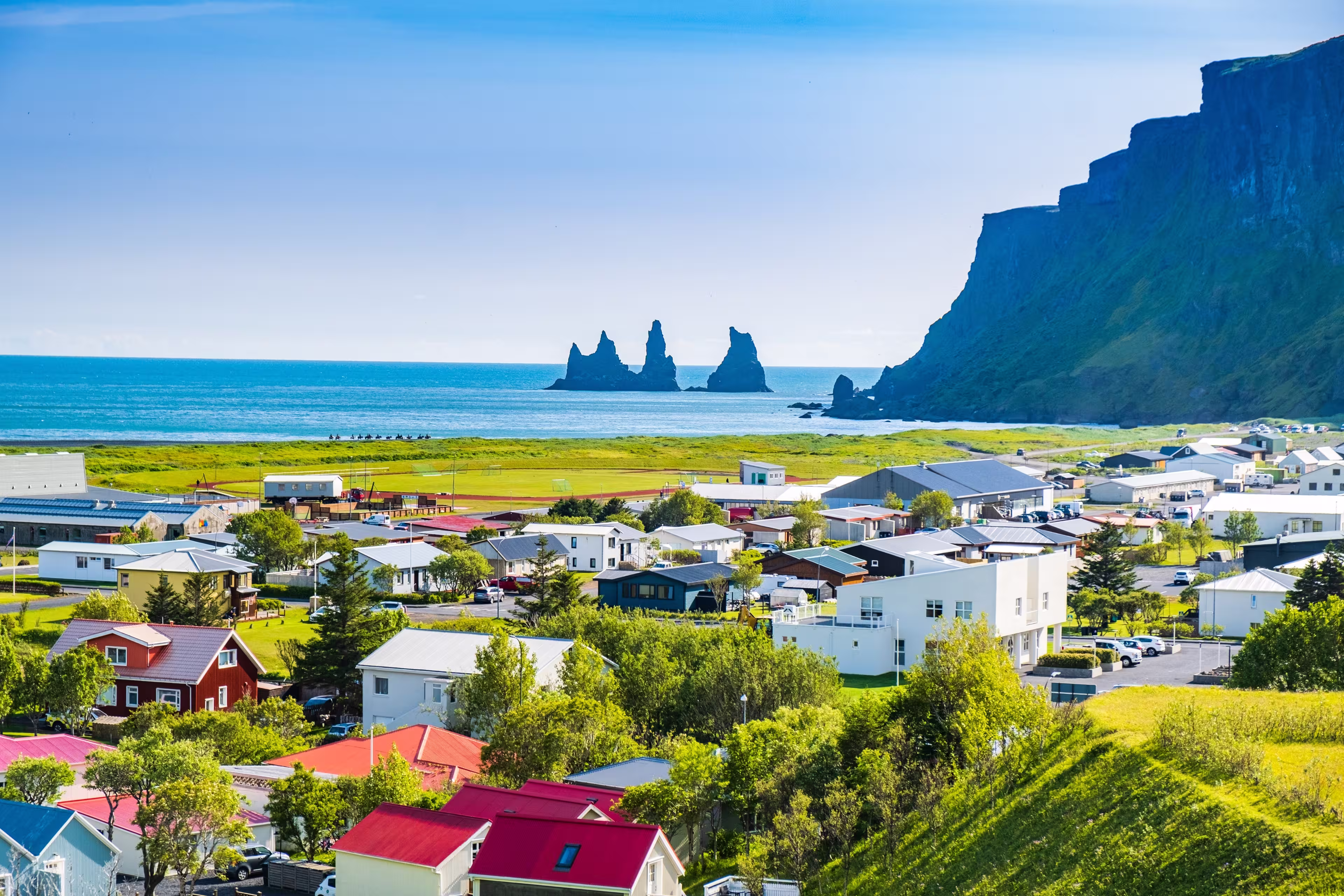 Panoramic view of Vik town in Myrdal Valley, Iceland