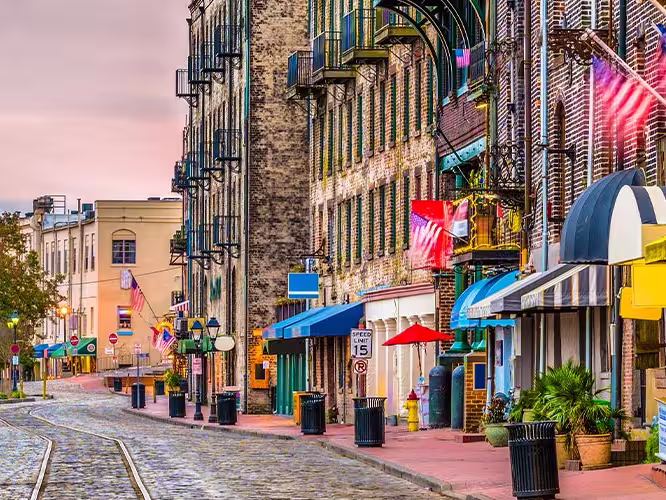 View of River Street, famous row of restaurants in Savannah, GA