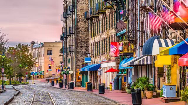 View of River Street, famous row of restaurants in Savannah, GA