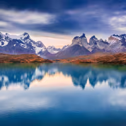 Torres del Paine, Chile. Los Cuernos and Lago Pehoe, famous travel landscape in Cordillera del Paine. Patagonia, South America.