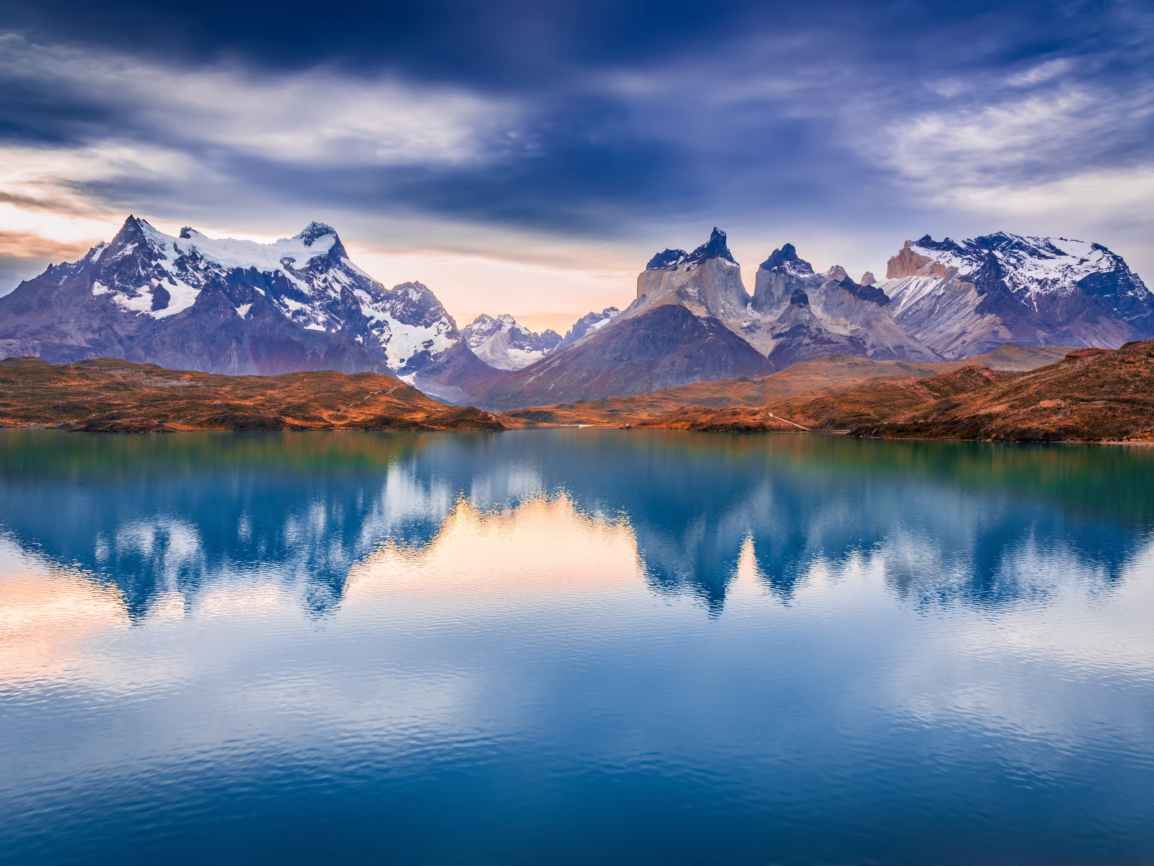 Torres del Paine, Chile. Los Cuernos and Lago Pehoe, famous travel landscape in Cordillera del Paine. Patagonia, South America.