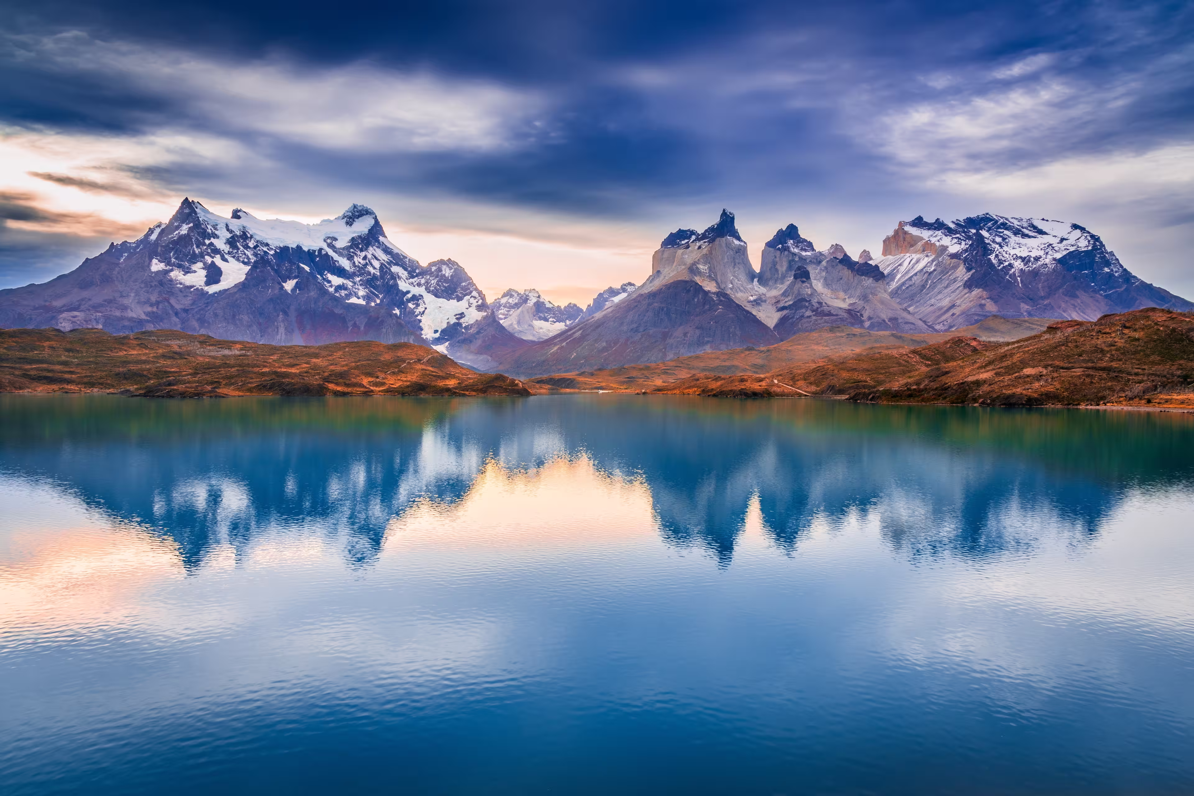 Torres del Paine, Chile. Los Cuernos and Lago Pehoe, famous travel landscape in Cordillera del Paine. Patagonia, South America.