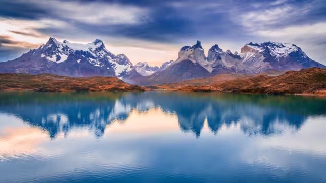 Torres del Paine, Chile. Los Cuernos and Lago Pehoe, famous travel landscape in Cordillera del Paine. Patagonia, South America.