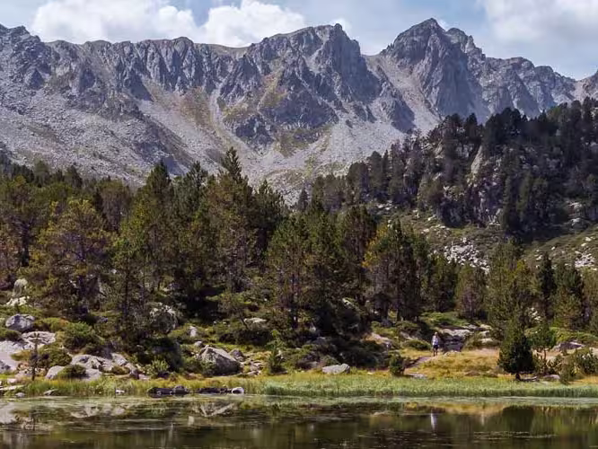 Wide shot of the Pyranees Mountains with green trees on hillside and a lake in the foreground