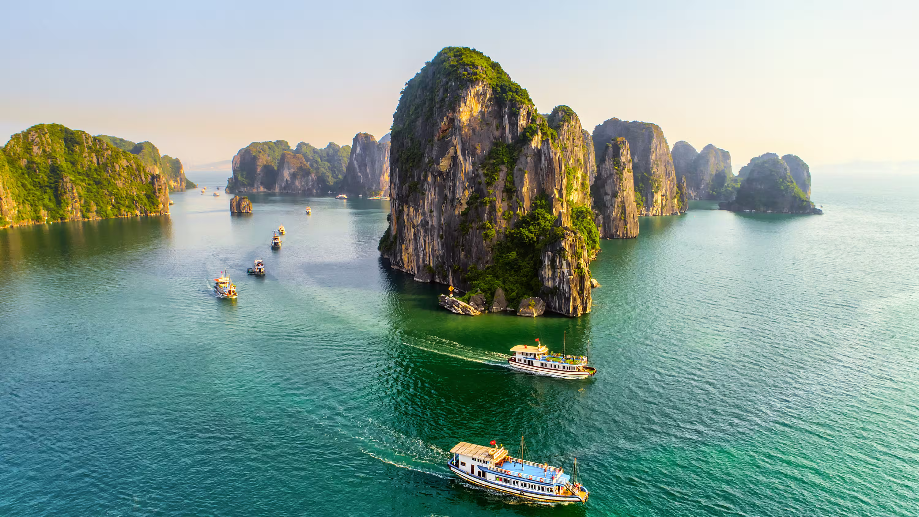 Dreamy sunset landscape Halong Bay, Vietnam view from adove. This is the UNESCO World Heritage Site, a beautiful natural wonder in northern Vietnam