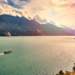 View of the beautiful Lake Garda surrounded by mountains, Riva del Garda town and Garda lake in the autumn time , Trentino Alto Adige region,Italy