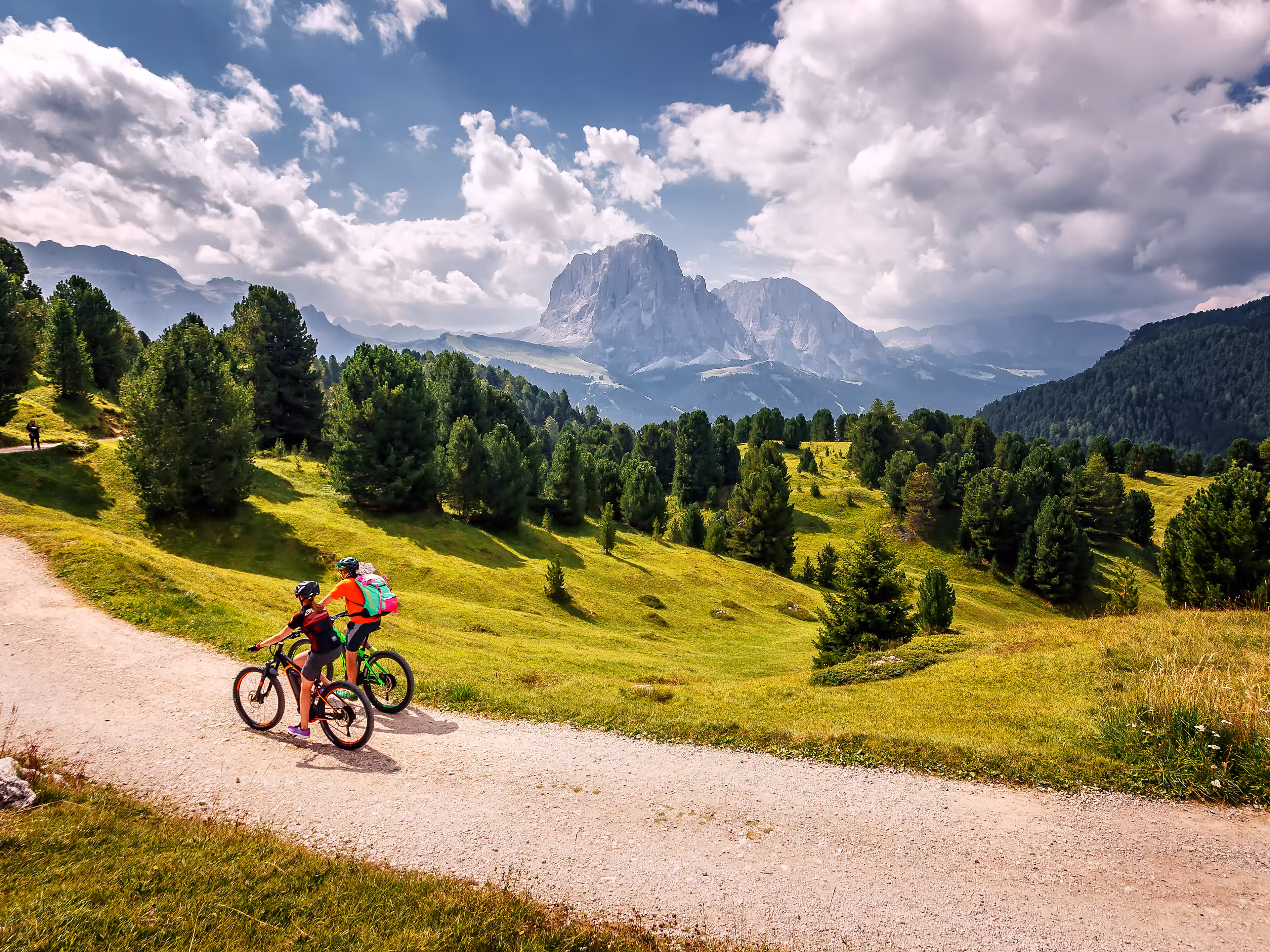Beautiful alpine countryside. Awesome Alpine highlands in sunny day. Amazing Nature Scenery of Dolomites Alps. Epic Scene in the mountains place. Active recreation concept