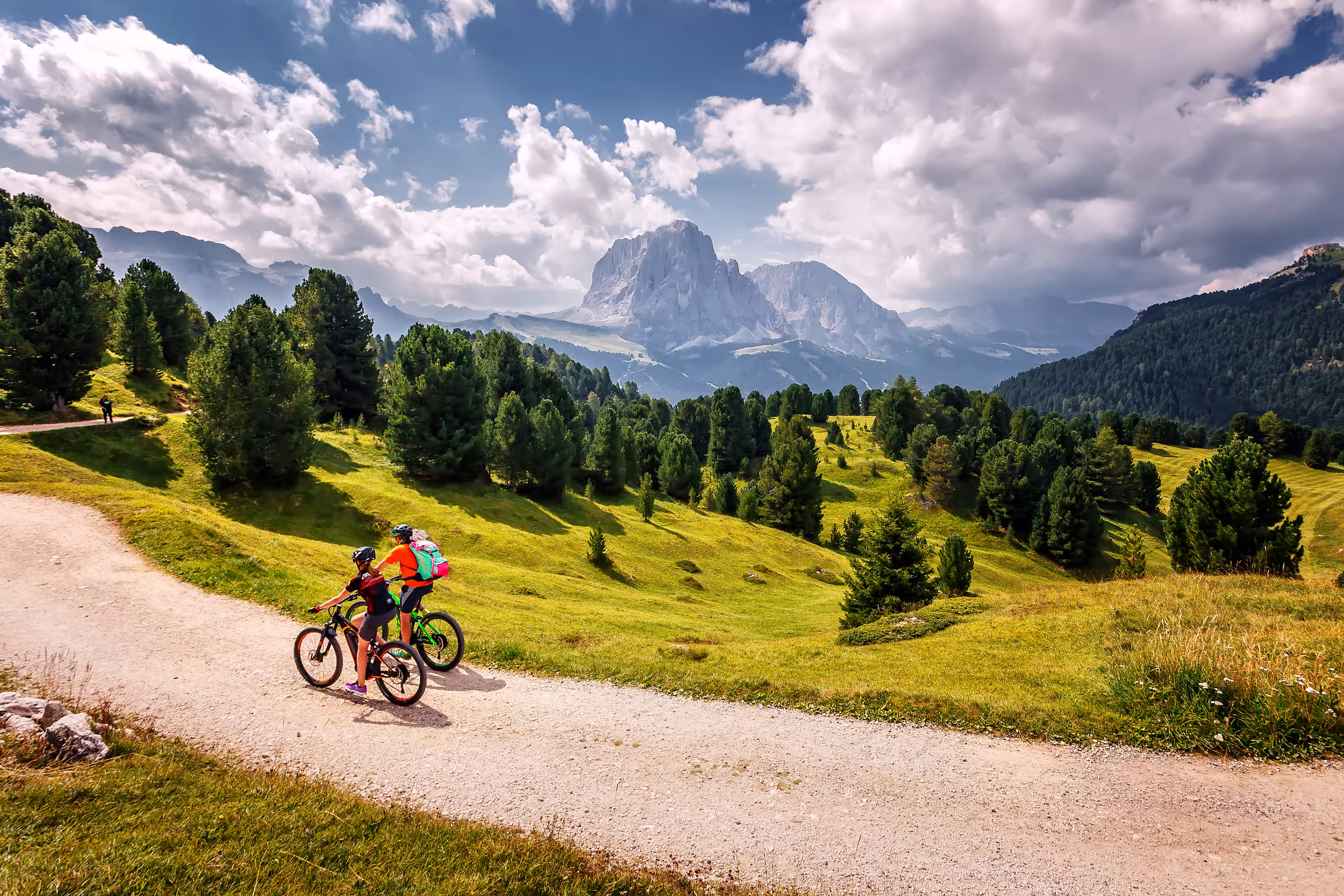 Beautiful alpine countryside. Awesome Alpine highlands in sunny day. Amazing Nature Scenery of Dolomites Alps. Epic Scene in the mountains place. Active recreation concept