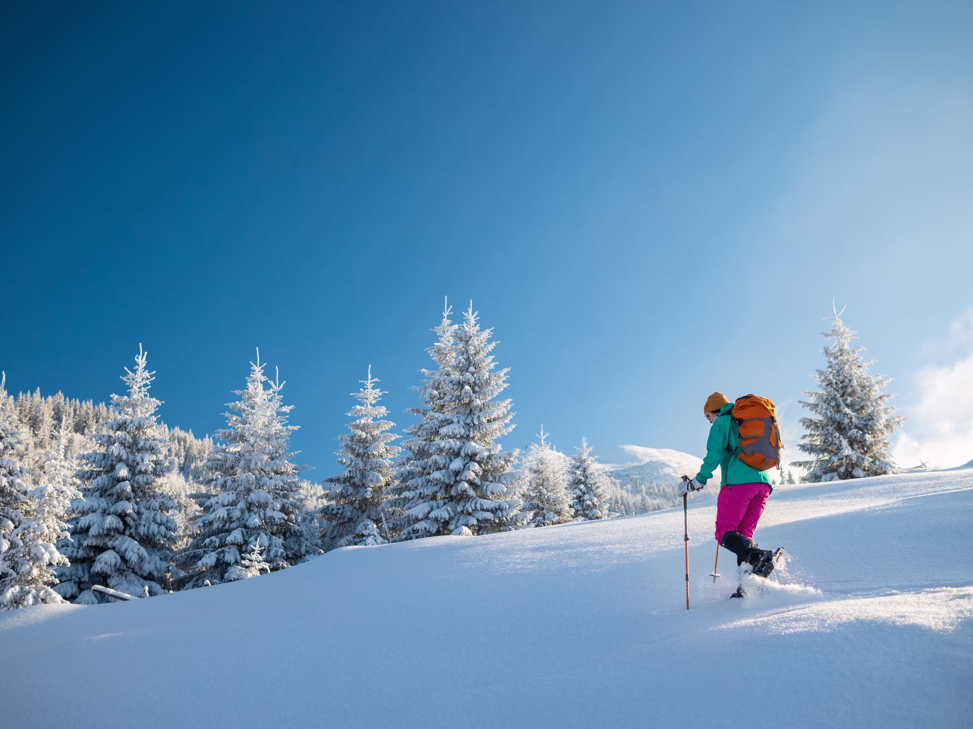 A woman walks in snowshoes in the snow, winter trekking, a person in the mountains in winter, hiking equipment