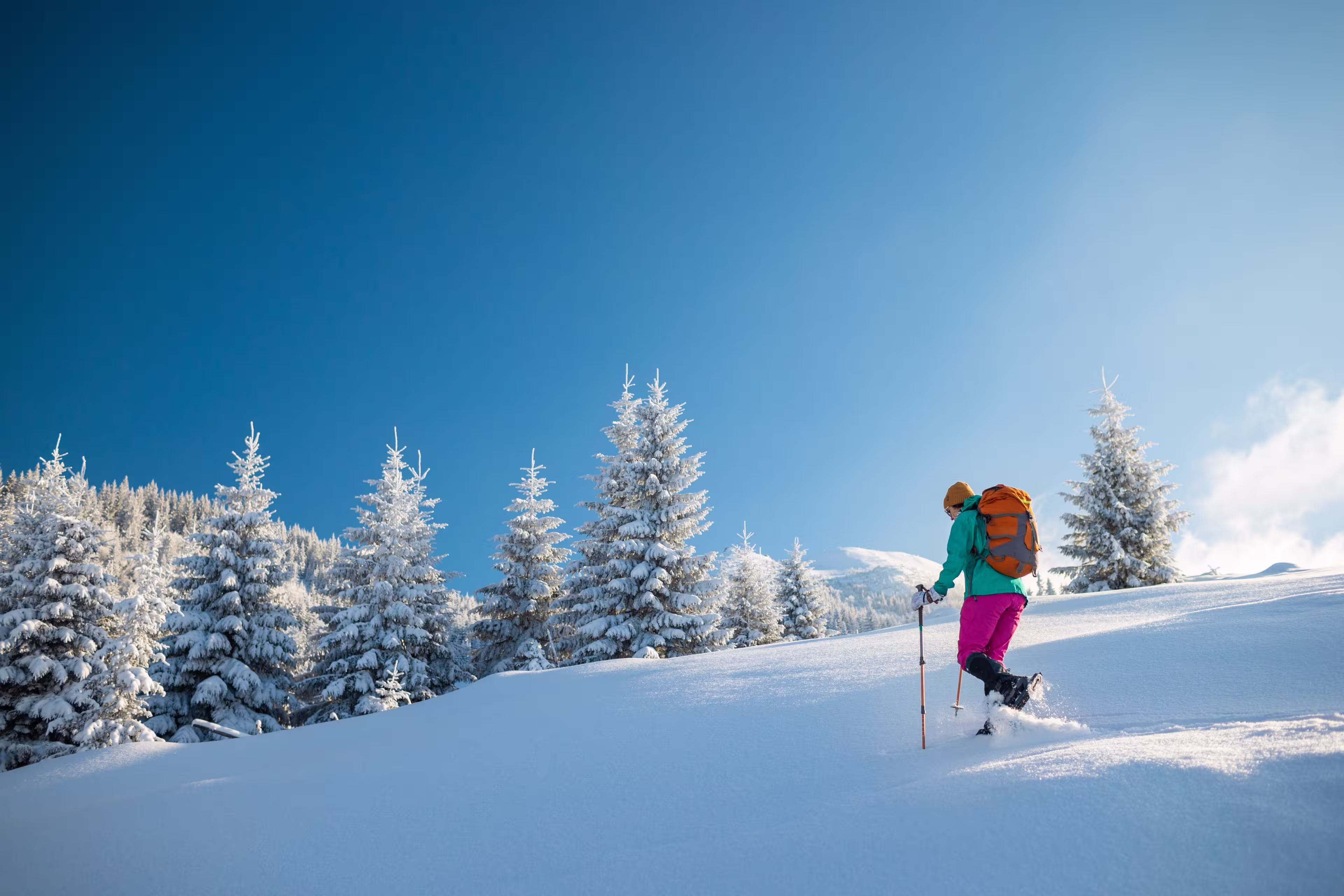 A woman walks in snowshoes in the snow, winter trekking, a person in the mountains in winter, hiking equipment