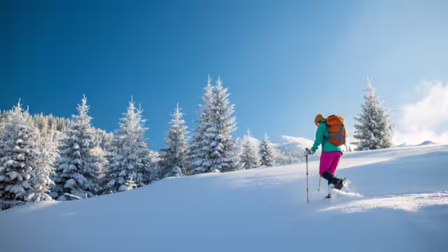 A woman walks in snowshoes in the snow, winter trekking, a person in the mountains in winter, hiking equipment