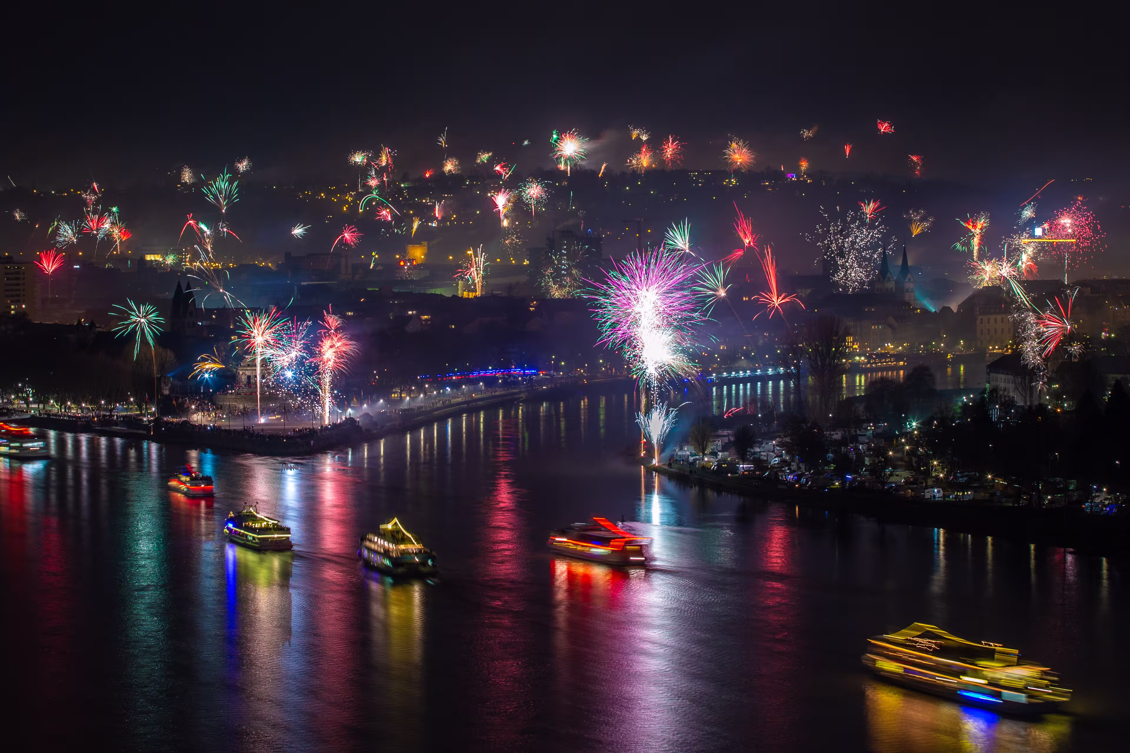 Silvester firework 2020 at the Deutsches Eck in Koblenz, Germany.