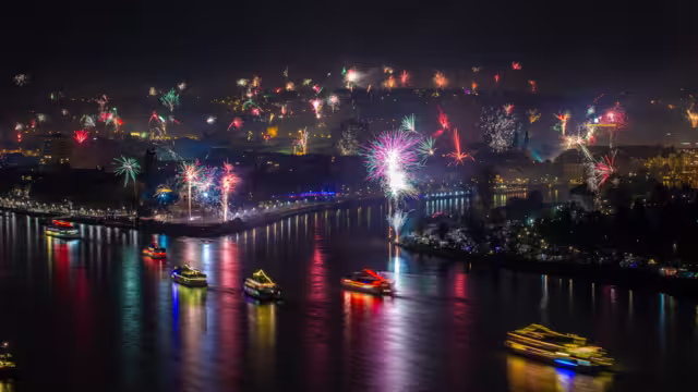 Silvester firework 2020 at the Deutsches Eck in Koblenz, Germany.