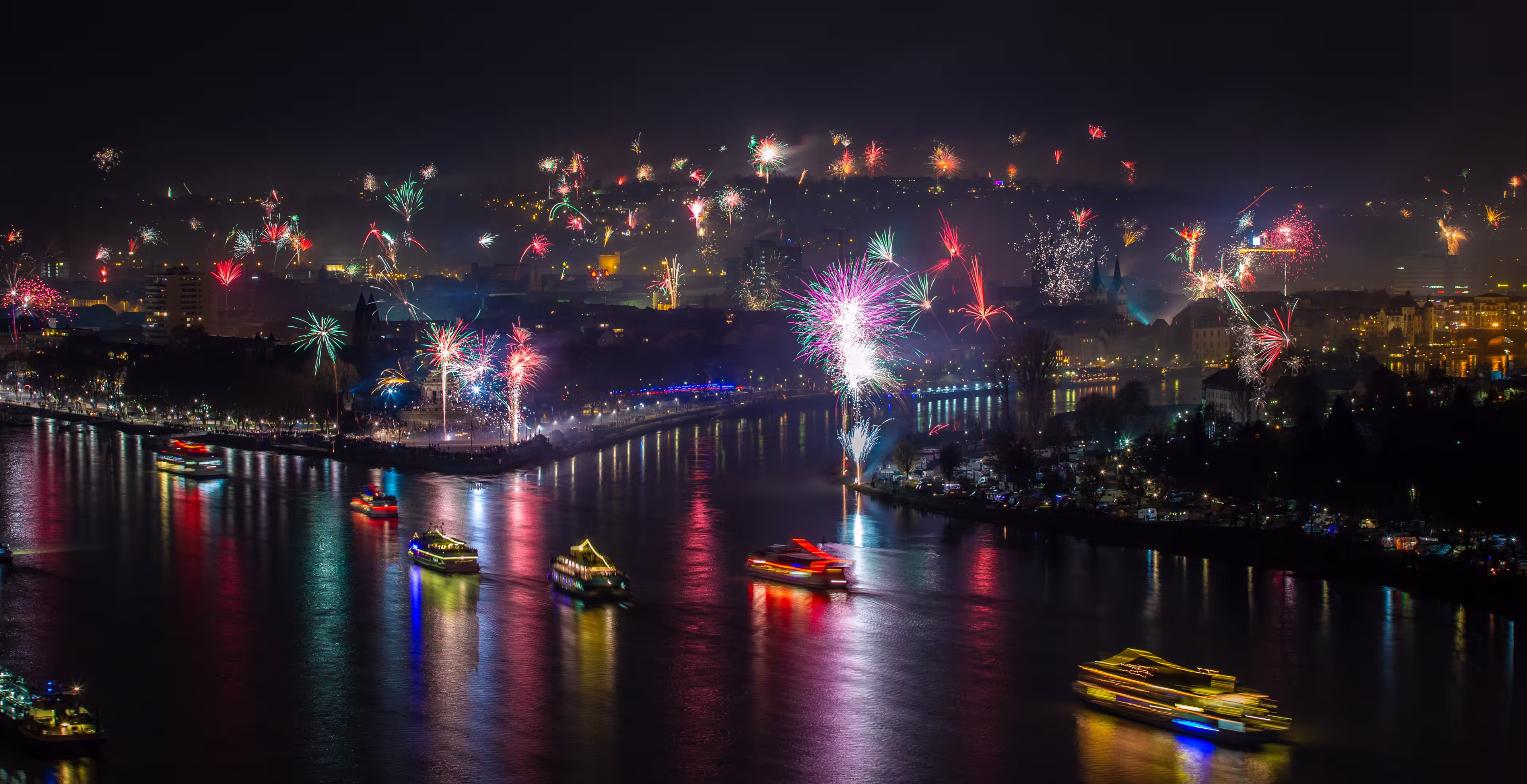 Silvester firework 2020 at the Deutsches Eck in Koblenz, Germany.