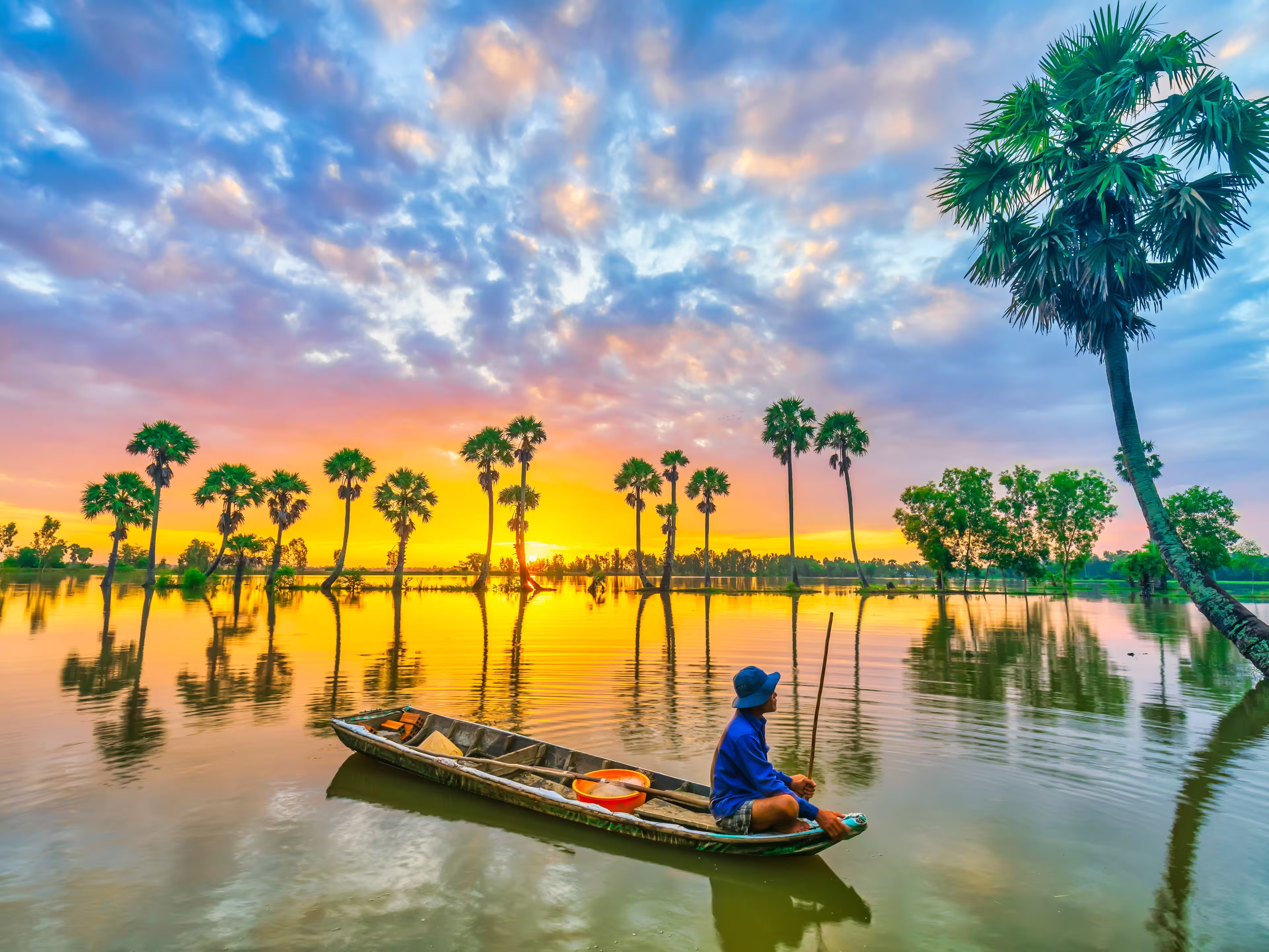 An Giang, Vietnam - September 12, 2022: Silhouette of a fisherman in a rice field in the flood season a net to catch fish in the Mekong Delta, Vietnam when sunrises behind every palm tree beautifully