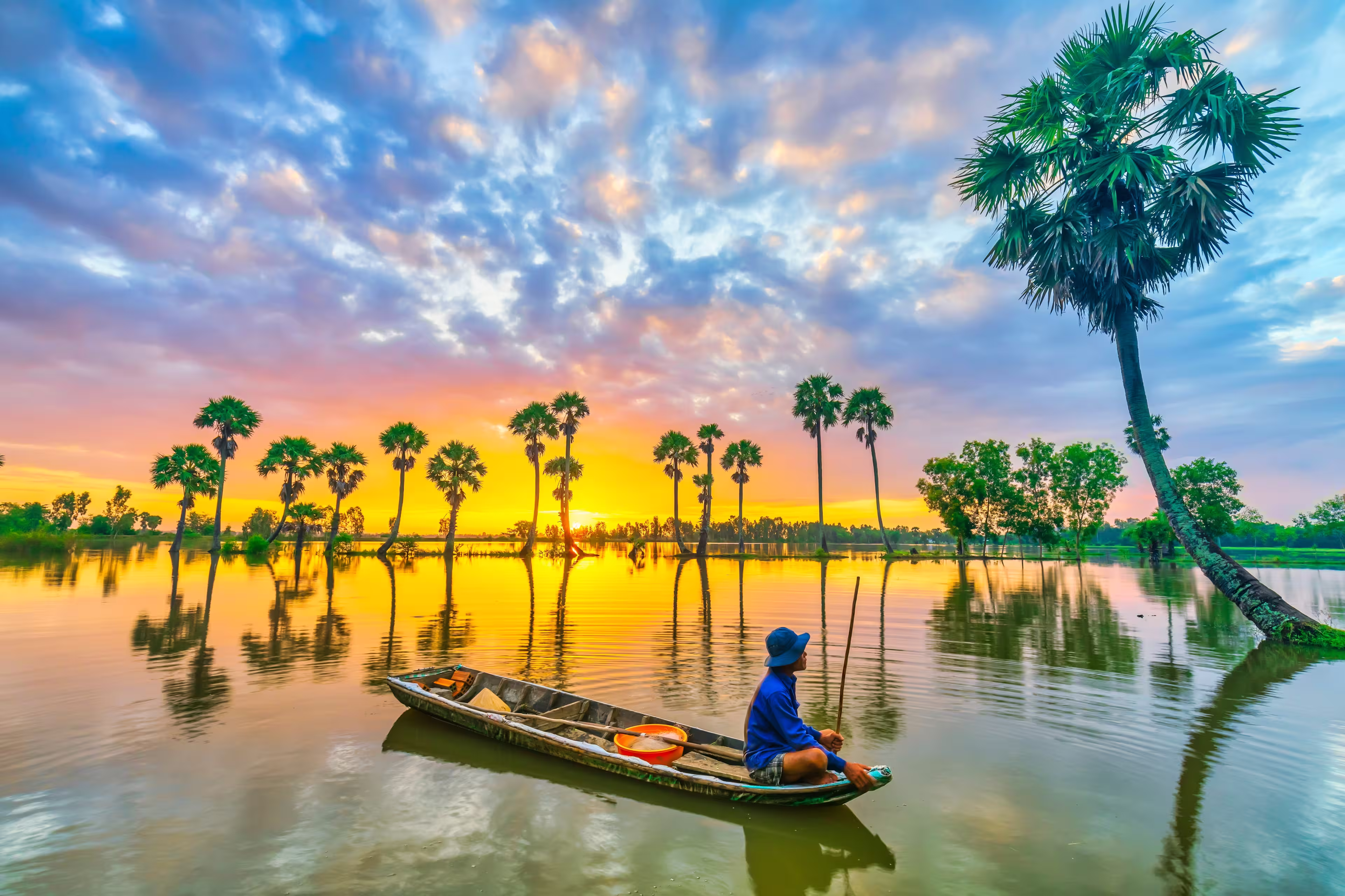 An Giang, Vietnam - September 12, 2022: Silhouette of a fisherman in a rice field in the flood season a net to catch fish in the Mekong Delta, Vietnam when sunrises behind every palm tree beautifully