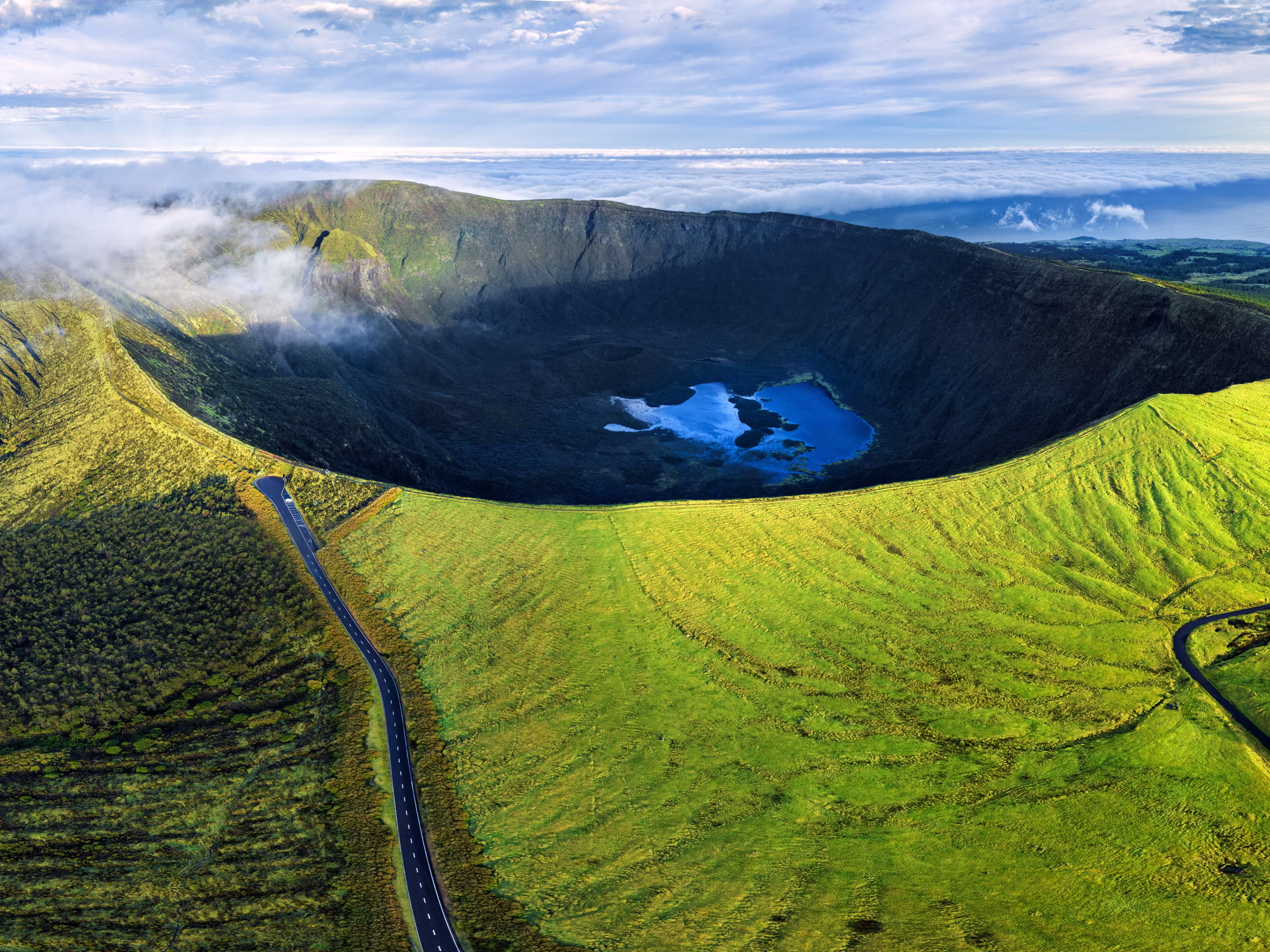 Aerial view of peak Caldeira do Faial at Faial island at sunrise, Azores, Portugal