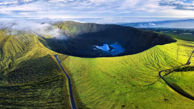 Aerial view of peak Caldeira do Faial at Faial island at sunrise, Azores, Portugal