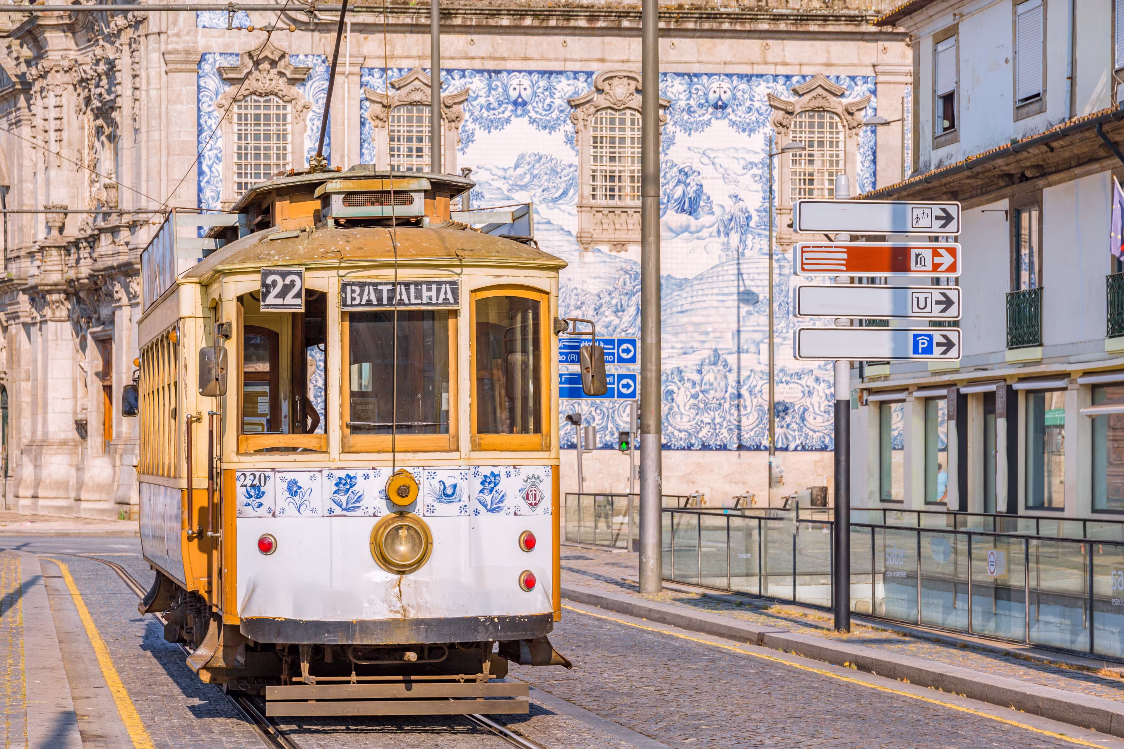 Tram and tiles on the buildings of Porto, Portugal