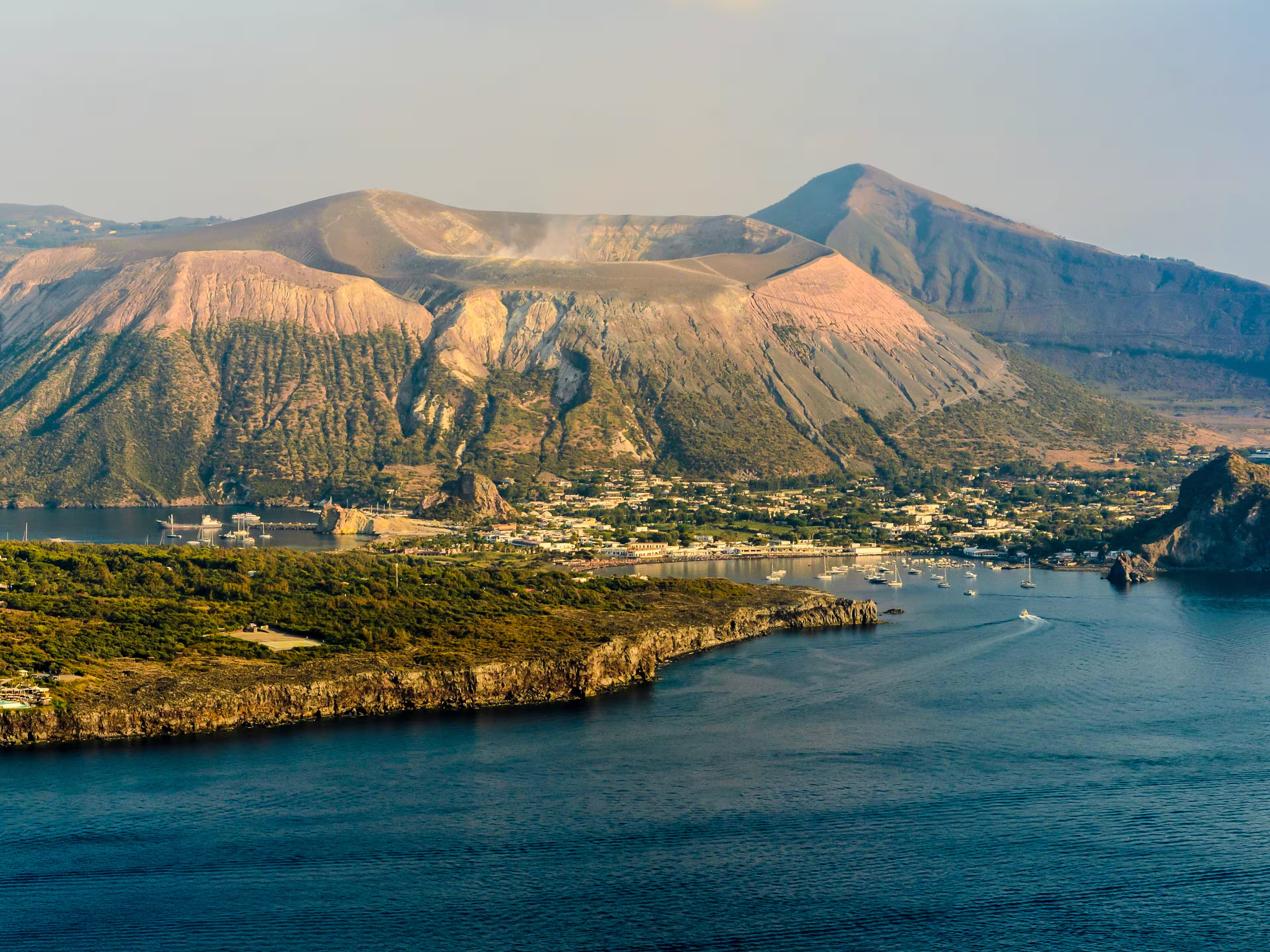 Panorama of the Island of Vulcano from Lipari in the Aeolian Islands archipelago, Thyrrenian Sea, Sicily, Italy