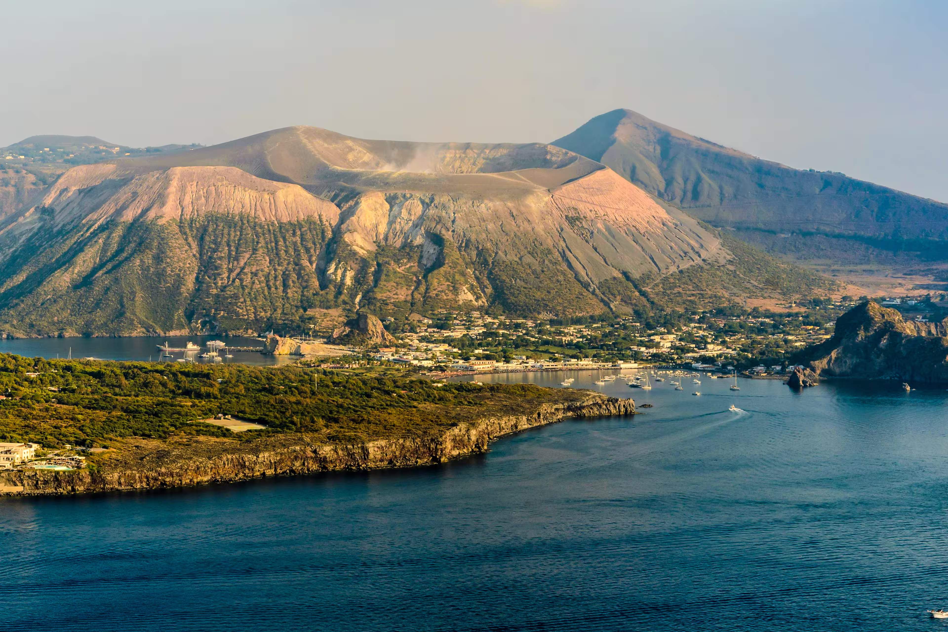 Panorama of the Island of Vulcano from Lipari in the Aeolian Islands archipelago, Thyrrenian Sea, Sicily, Italy