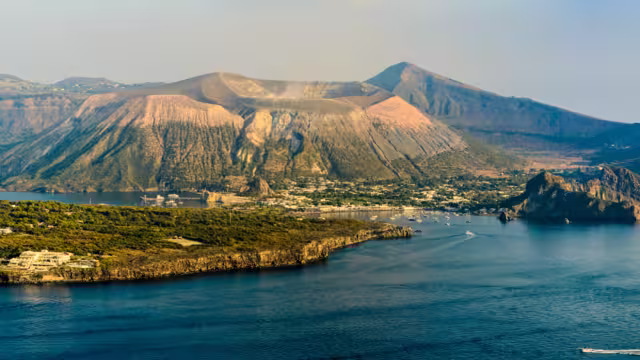 Panorama of the Island of Vulcano from Lipari in the Aeolian Islands archipelago, Thyrrenian Sea, Sicily, Italy