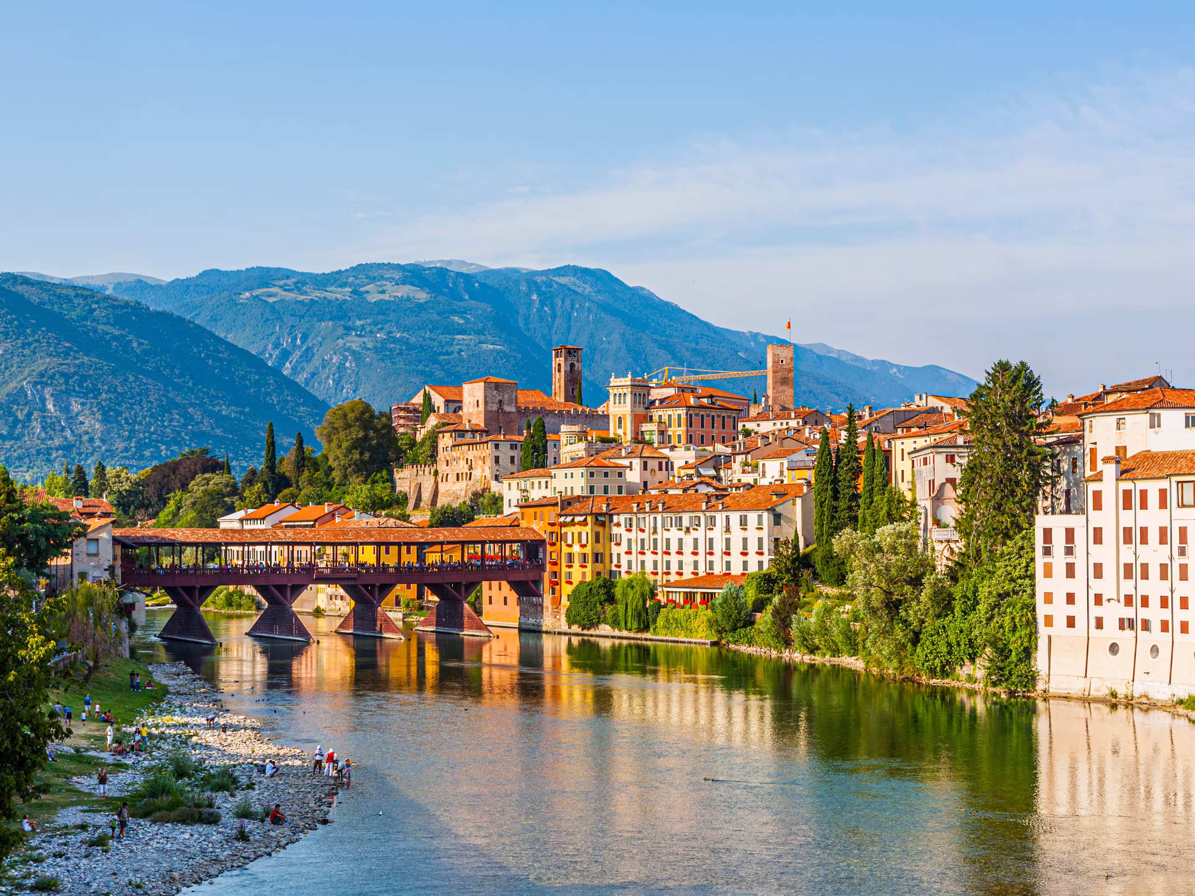 the old wooden bridge spans the river brenta at the romantic village Basano del Grappa, Italy