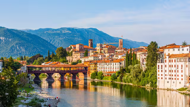 the old wooden bridge spans the river brenta at the romantic village Basano del Grappa, Italy